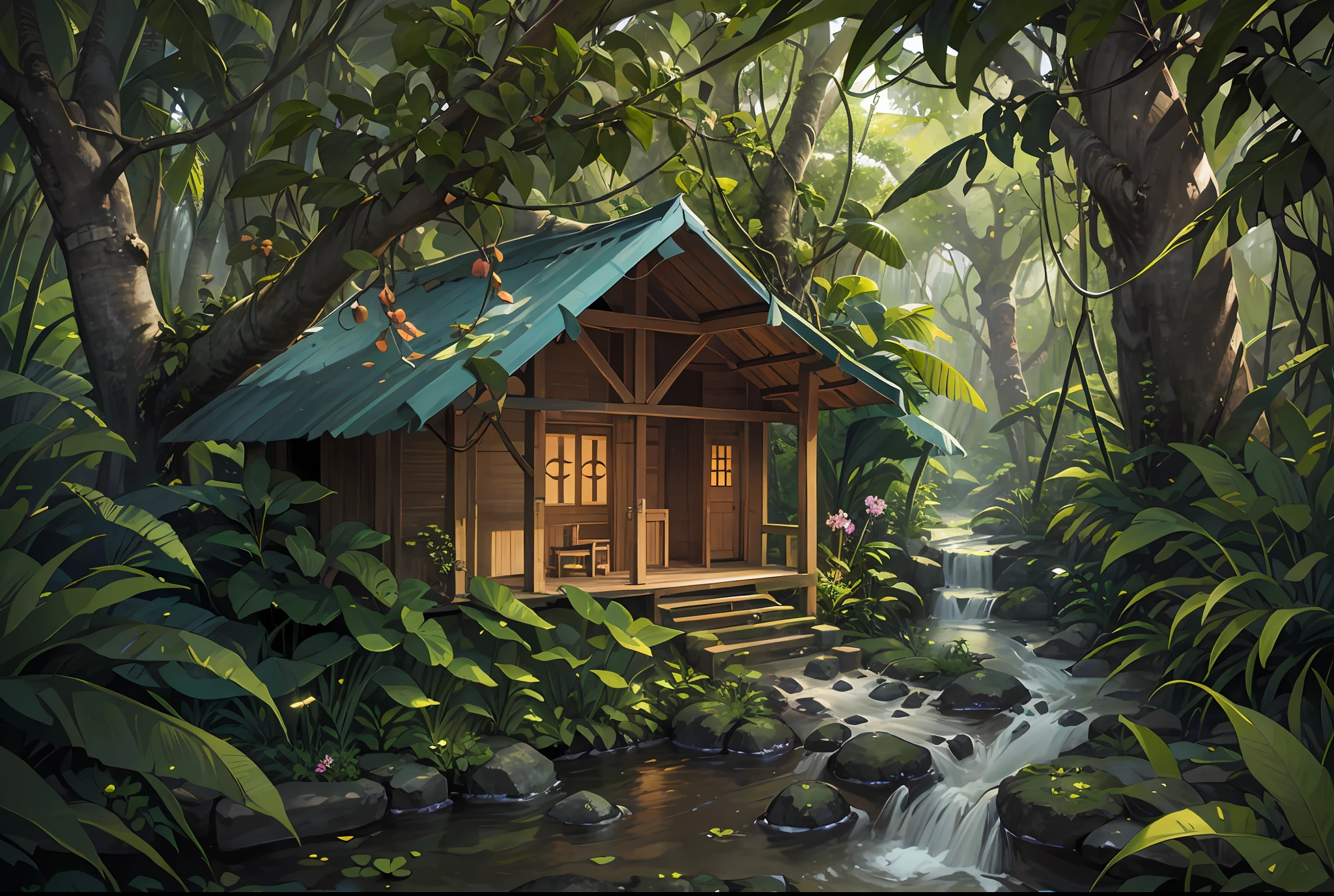 Small wooden house located in a virgin and wild jungle. Orchids in the trees. Small stream next to the house. Very intricate image, hyper-detailed, photorealistic, 8k --auto --s2