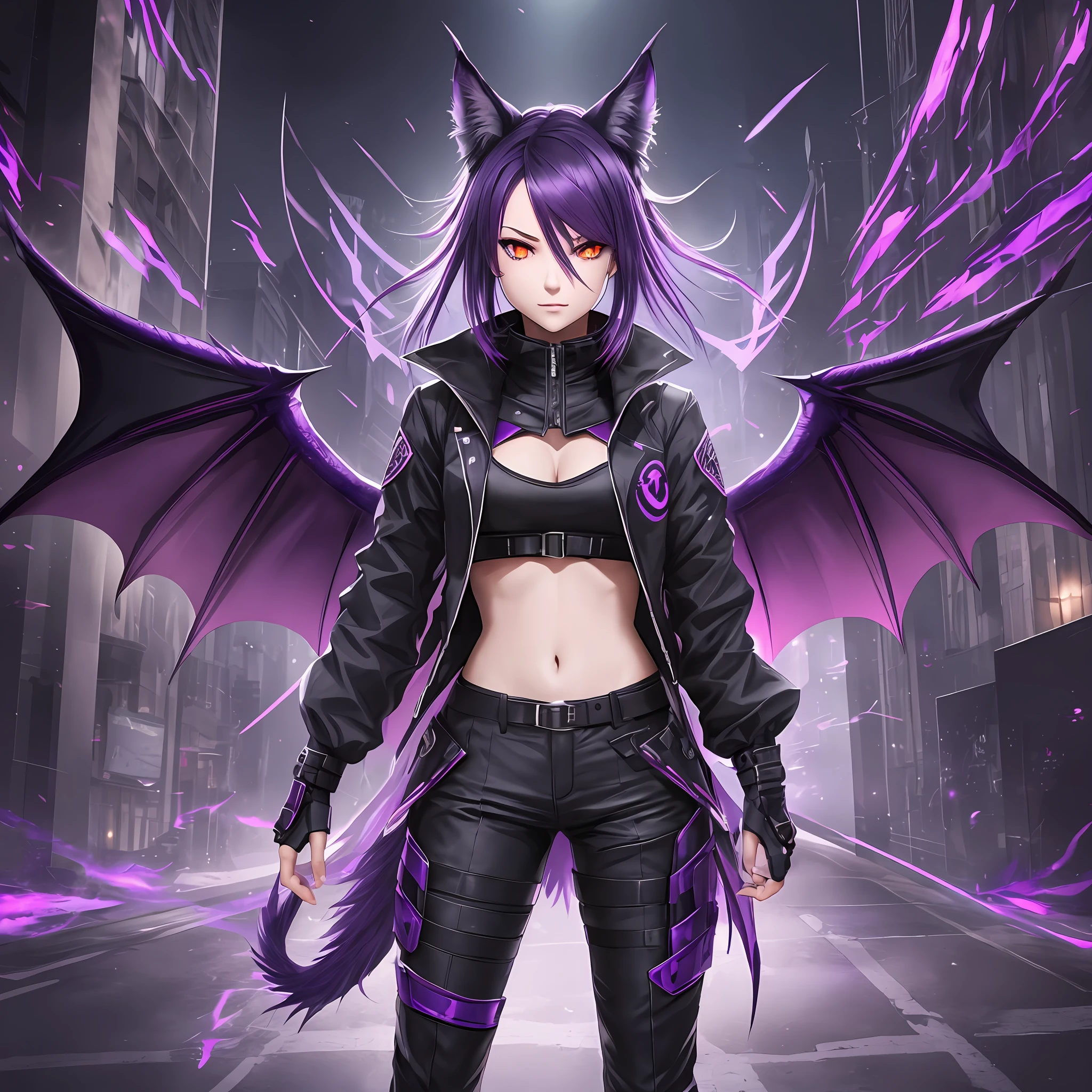 1girl, dynamic pose, (purple hair:1.3+blue bangs,1.2), (red eyes, 1.2), (black wolf ears,1.1+tailcoat), (techwear pants,1.1), (black dragon wings,1.3), (black wolf tail,1.1), edgy, dark, futuristic style, dramatic lighting) --auto --s2