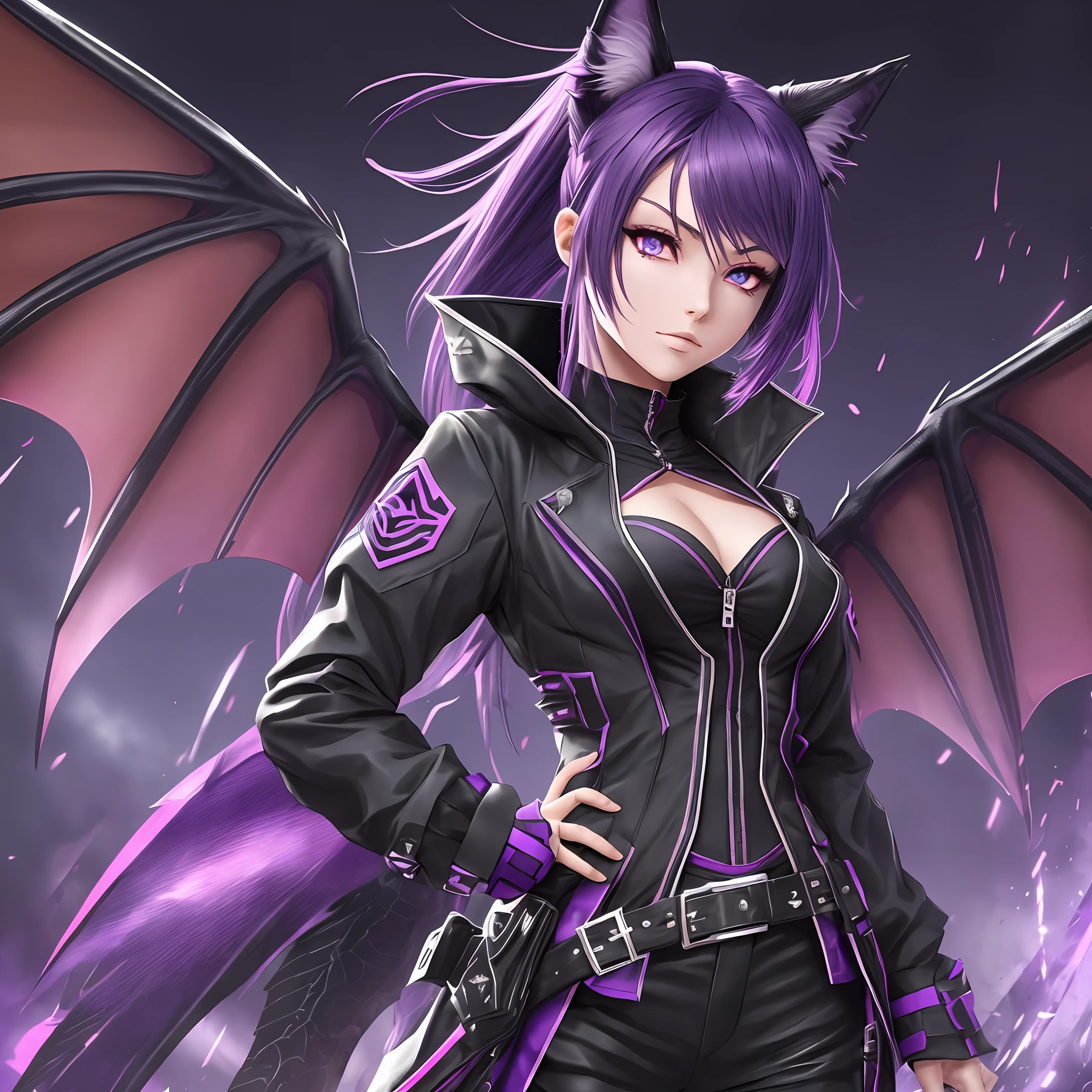1girl, dynamic pose, (purple hair:1.3+blue bangs,1.2), (red eyes, 1.2), (black wolf ears,1.1+tailcoat), (techwear pants,1.1), (black dragon wings,1.3), (black wolf tail,1.1), edgy, dark, futuristic style, dramatic lighting) --auto --s2