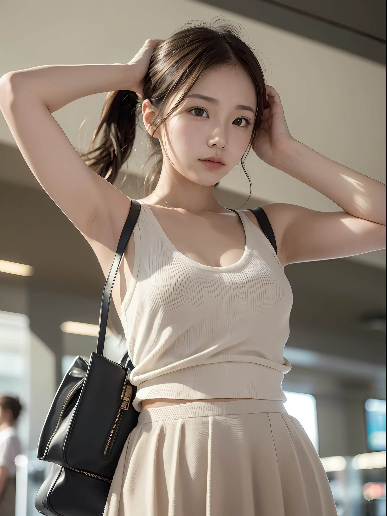 ((Best quality, 8k, Masterpiece: 1.3)), Sharp focus: 1.2, (1 AESPA girl: 1.3), (realistic, photo-realistic:1.37), face girl with cellphone, cute face, age 24, small breasts, flat chest, brunette short messy hair, or ponytail, walking, salute, white shirt, camisole, skirt, airport, terminal, station, something drinking, sunlight, kindness, cinematic lighting, from below, (8k, masterpiece, best quality, raw photo)