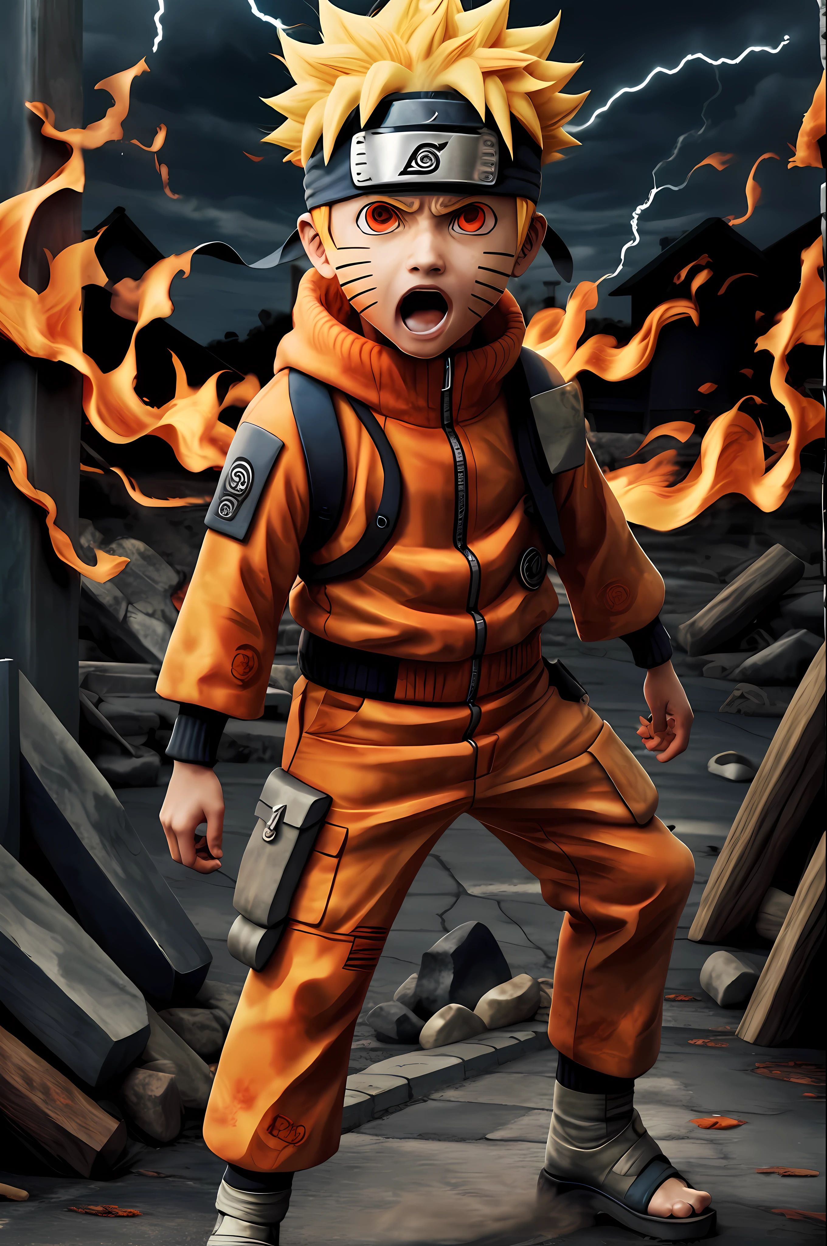 Naruto,1boy, lightning, angry, open mouth,nearly naked coat, fire red eyes, flamingEye