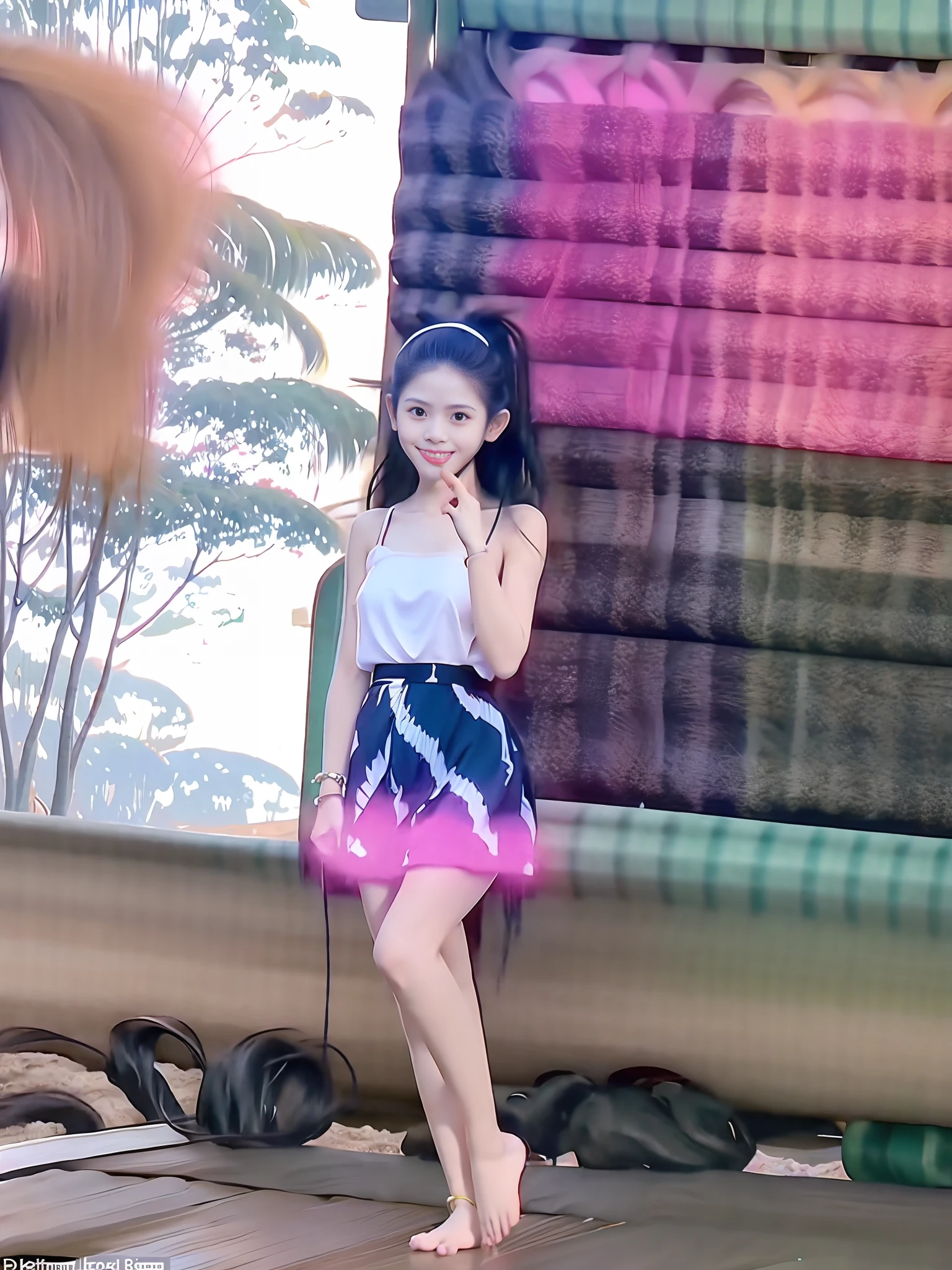 At night, on the beach, straw hat, long black hair, ponytail, coconut tree, oriental face girl, goose egg face, barefoot maid standing on the beach, necklace around the neck, a pair of large earrings, colorful clothes, no shoulder straps, minigale skirt, smile, sideways, slender figure