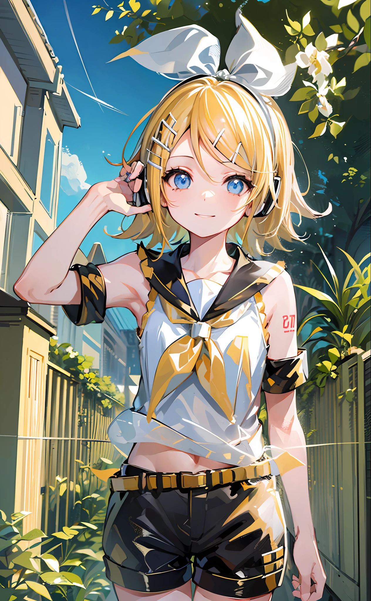 (masterpiece), (best quality), (illustration), (super detailed), (high resolution), absurdity, one girl, (Kagamine_Rin:1.5), (Vocaloid), very cute, (blonde), short hair, blue eyes, lively eyes, bright eyes, beautiful girl, smiling, sailor suit in white tones, (black shorts: 1.5), belt, shoulders cut off, yellow neckerchief, white hair ribbon, white hair clip, headphones, viewer love, heart on background, love love, outdoors, sunlight, delicate hands, innocent, innocent, young,  girl, girlfriend, blue sky