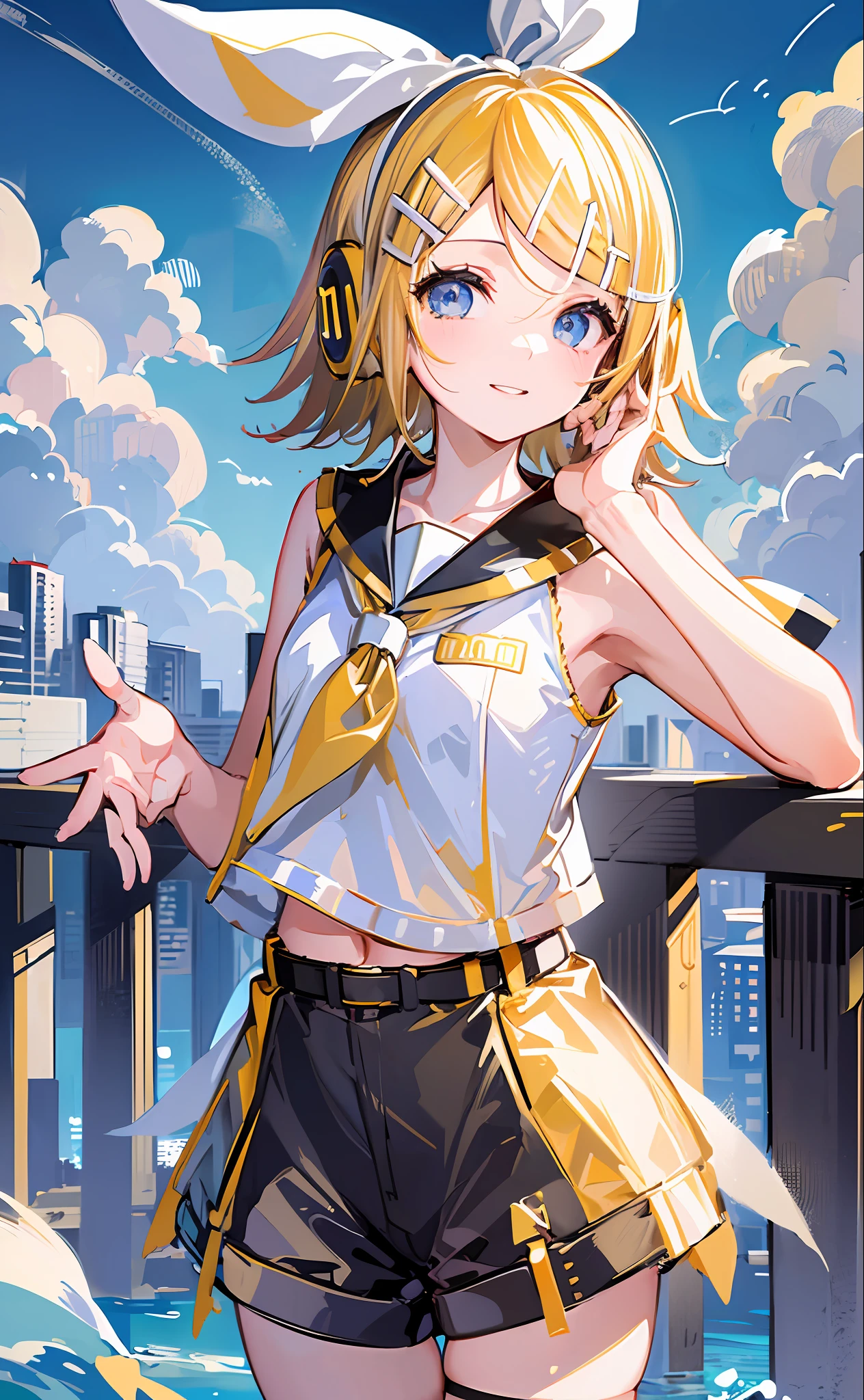 (masterpiece), (best quality), (illustration), (super detailed), (high resolution), absurdity, one girl, (Kagamine_Rin:1.5), (Vocaloid), very cute, (blonde), short hair, blue eyes, lively eyes, bright eyes, beautiful girl, smiling, sailor suit in white tones, (black shorts: 1.5), belt, shoulders cut off, yellow neckerchief, white hair ribbon, white hair clip, headphones, viewer love, heart on background, love love, outdoors, sunlight, delicate hands, innocent, innocent, young, little girl, girlfriend, blue sky