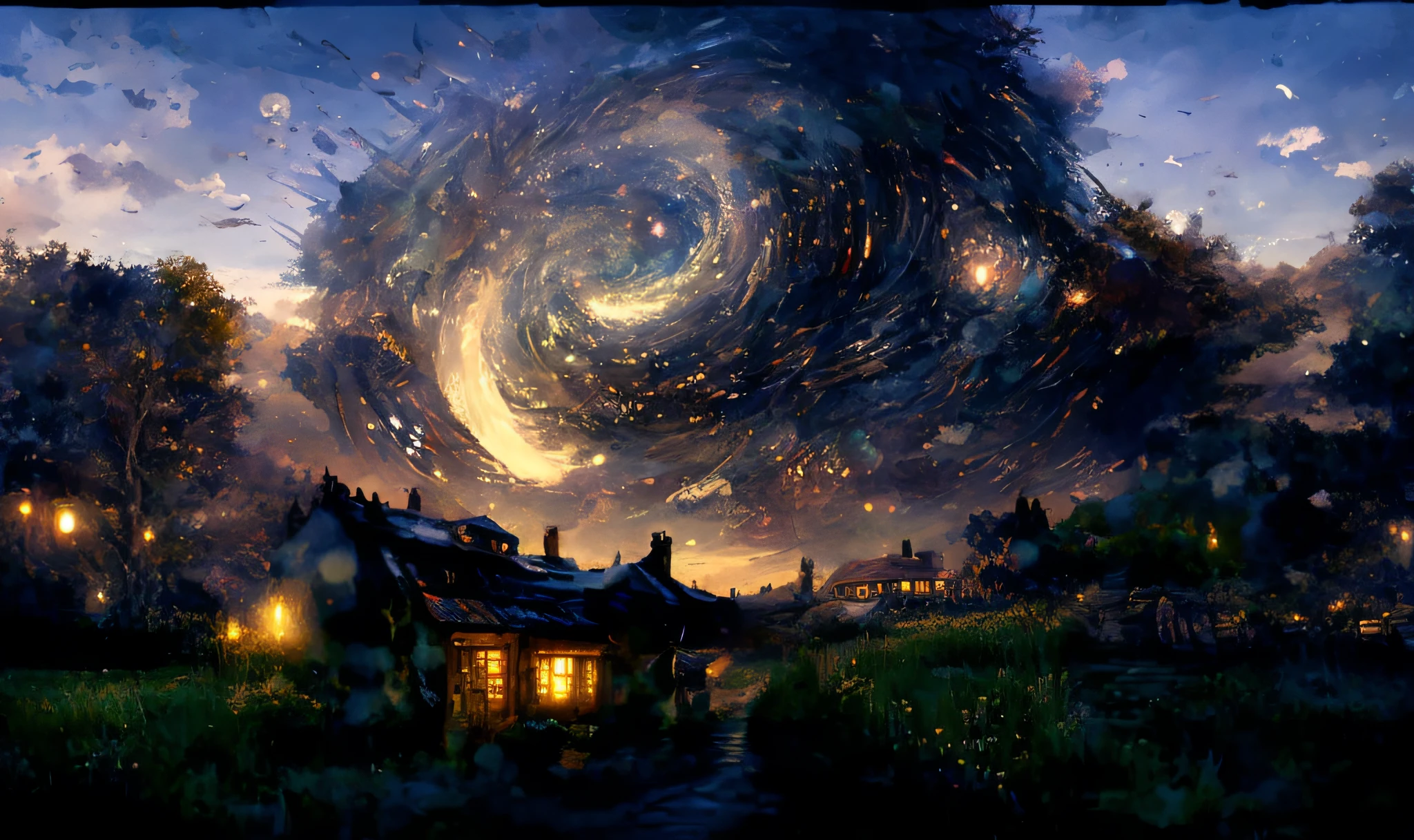 painting of a house in a field with a spiral shaped sky, 4k highly detailed digital art, 4k detailed digital art, howl\'s moving castle at night, dreamlike digital painting, wide angle fantasy art, fantasy painting hd, swirling scene, beautiful art uhd 4 k, swirls of magic, science fantasy painting