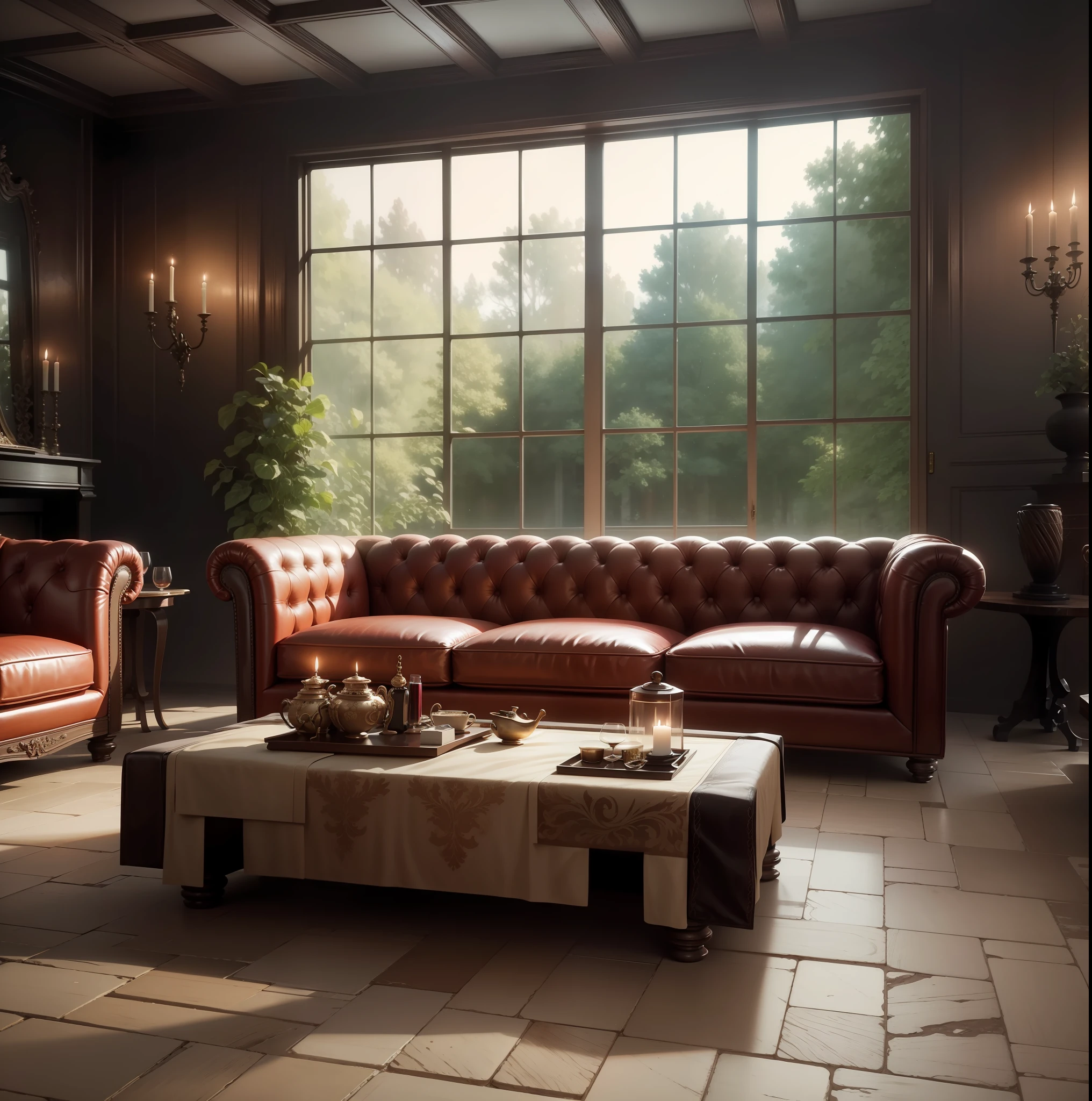 Official Art, Unified 8k Wallpaper, Ultra Detailed, Beautiful and Aesthetic, Beautiful, Masterpiece, Best Quality, Interior, Leather Sofa, Red Wine Glass on Table, European Style, High End, Ambience, Candle Light --auto --s2