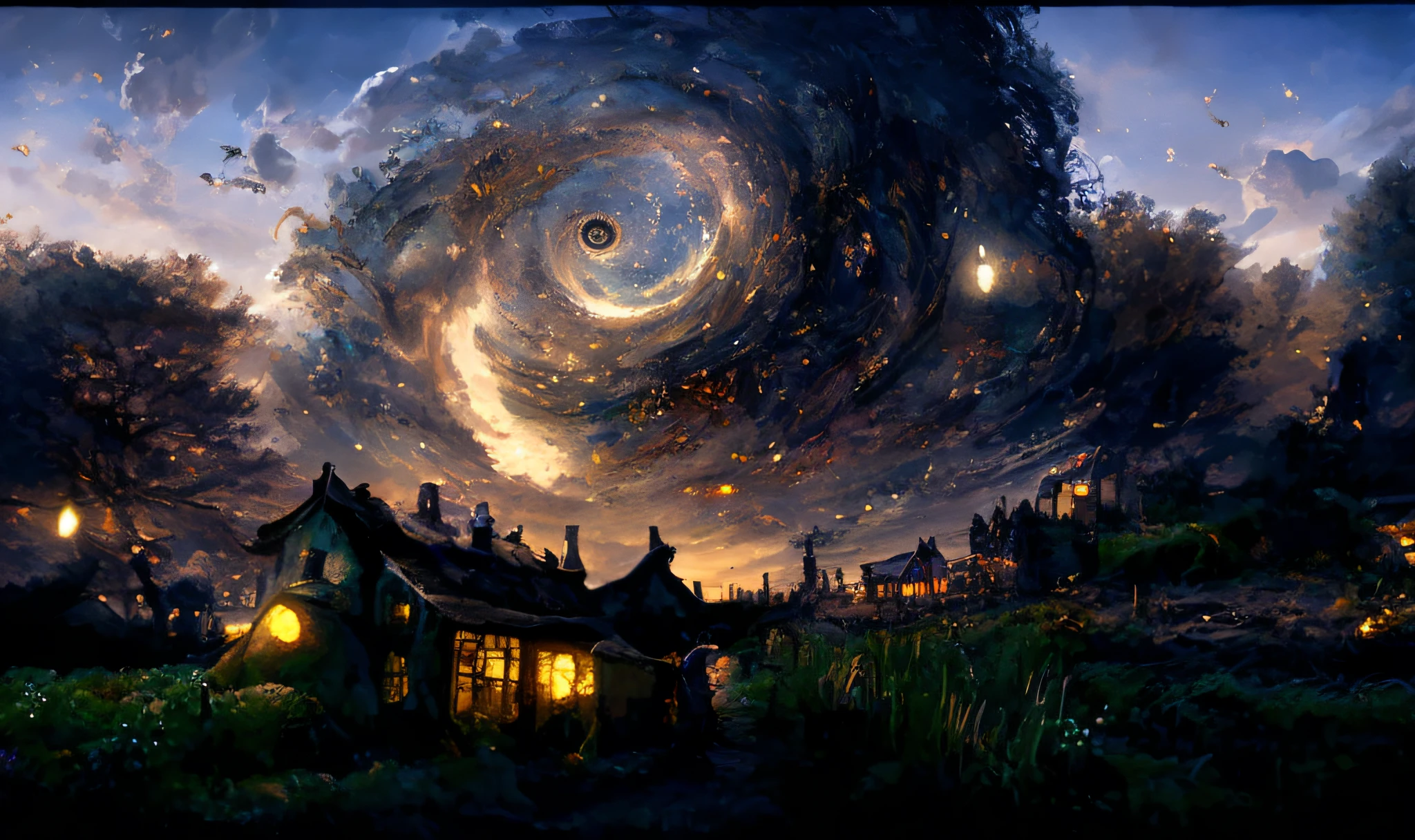 painting of a house in a field with a spiral shaped sky, 4k highly detailed digital art, 4k detailed digital art, howl\'s moving castle at night, dreamlike digital painting, wide angle fantasy art, fantasy painting hd, swirling scene, beautiful art uhd 4 k, swirls of magic, science fantasy painting