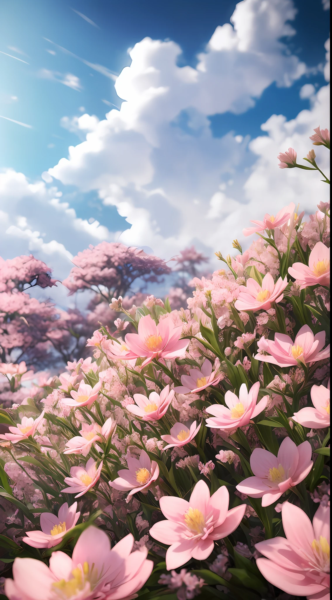 (xenoblade:1.3), flowers, intricate, highly detailed, artstation, smooth, sharp, focus, (intricate:1.1), (highly detailed:1.1), landscape, octane render, smooth, sharp focus, 35mm, (Style, (Photorealistic:1.3), (clouds:1.1), (dawn:1.1), (pink flowers:1.2), sakura