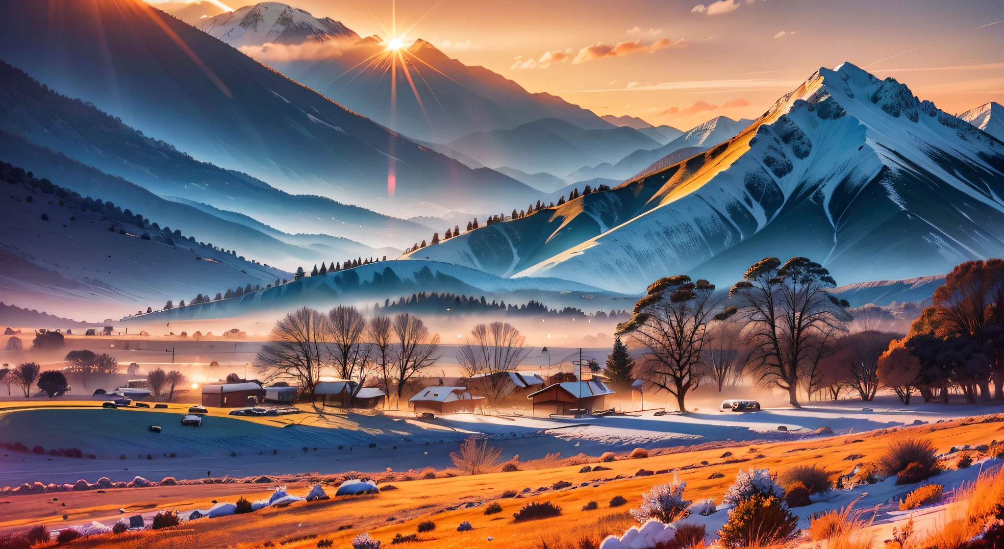 A beautiful sunrise with mountains in a very cold winter environment of the Mexican countryside, in the background and beautiful rays of sunshine, further ahead a beautiful lawn illuminated with the rays of the sun with orange light effects