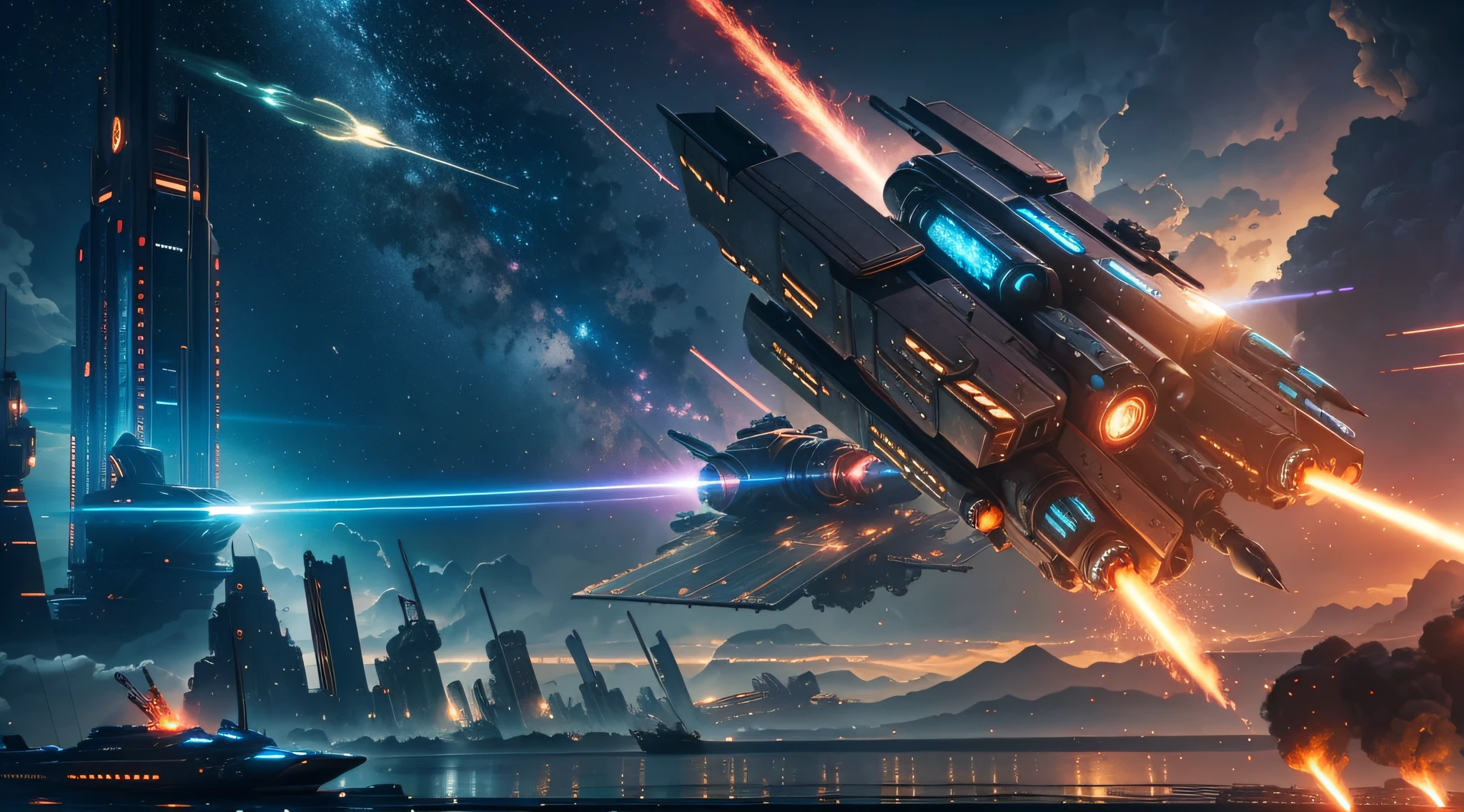 steampunk style, cool tones, cinematic effects, motion photography, time-lapse, Fuji, long exposure, sci-fi style starships, flying starships in battle, flying missiles, tail erupting blue flames, mood lights, surreal sci-fi city in the background, red particle special effects, particle light, aesthetics, 8K, top painting, concept art, epic composition, with HD details, metallic texture and tension composition, hyperrealism, ultra-realistic, rich in detail, 3D
