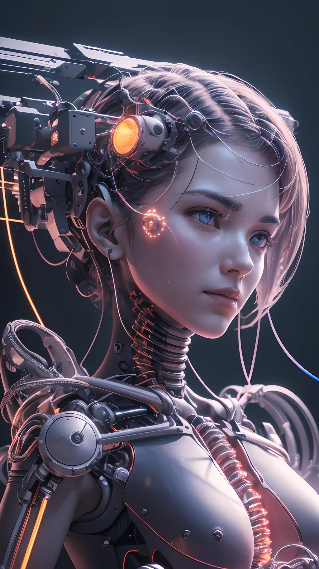 1. Mechanical Girl, (((Ultra-realistic detail)), Portrait, Global Illumination, Shadows, Octane Rendering, 8K, Ultra Sharp, Metal, Complex Wiring Details, Cold Colors, Very Intricate Details, Realistic Light, CGSoation Trends, Glowing Eyes, Facing the Camera, Neon Details, Mechanical Limbs, Blood Vessels Connected to Tubes, Mechanical internal organs attached to the abdomen, mechanical cervical attachment to the neck, sitting, wires and cables connecting to the head --auto --s2