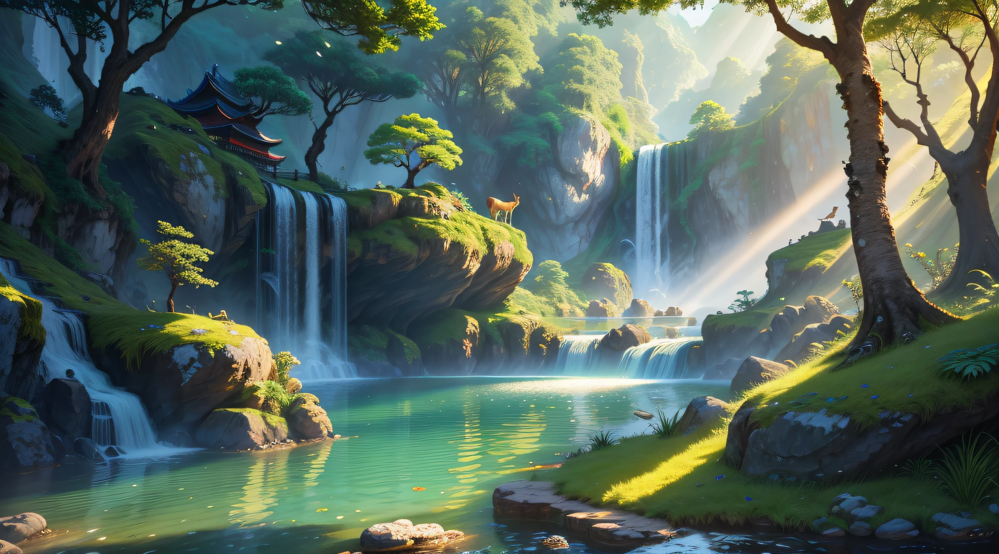 Chinese ancient times, spring, jungle, lake, cave, waterfall, tree, meadow, rock, deer, hot spring, water vapor, (illustration: 1.0), epic composition, realistic lighting, HD details, masterpiece, best quality, (very detailed CG unified 8k wallpaper)