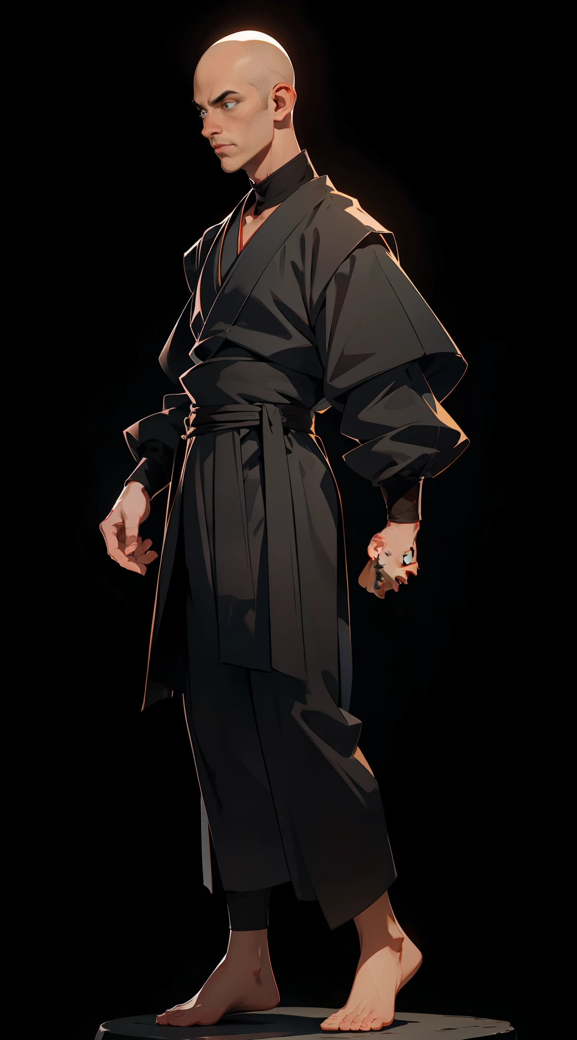 A handsome monk, full body, bald head, amazing facial features, black background