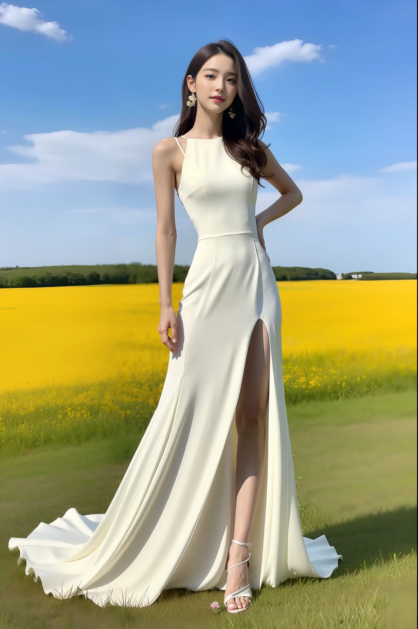 (Best Quality, 8k, 32k, Masterpiece, UHD: 1.2, Ray Tracing: 1.2, Real: 1.2), 1girl, wearing white dress, full-length view, tall skinny beauty, flowing dress, stunning elegant pose, long and elegant, thin waist, elegant, half turn, long skirt, blue sky, white clouds, grass, small flowers