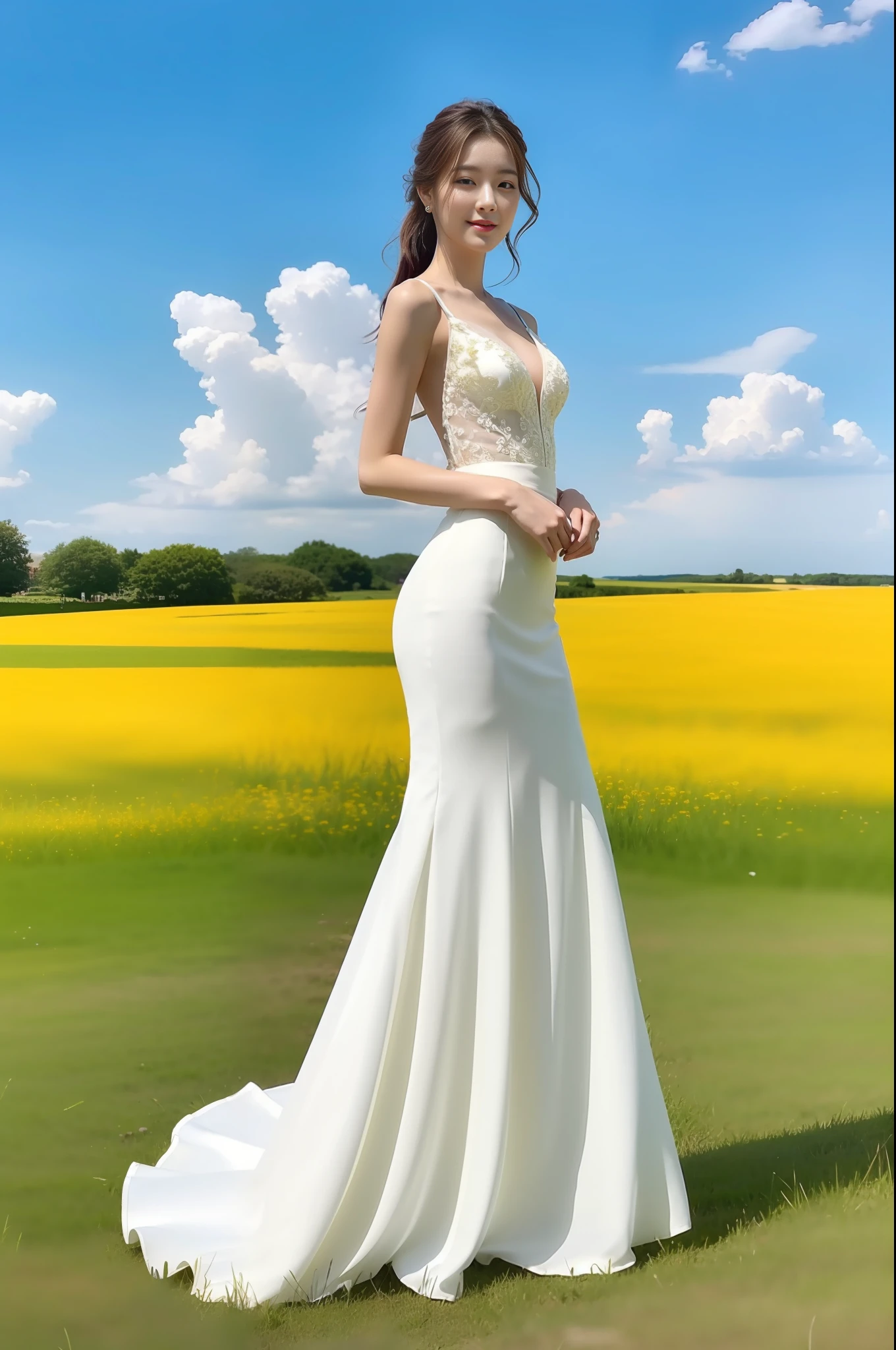(Best Quality, 8k, 32k, Masterpiece, UHD: 1.2, Ray Tracing: 1.2, Real: 1.2), 1girl, wearing white dress, full-length view, tall skinny beauty, flowing dress, stunning elegant pose, long and elegant, thin waist, elegant, half turn, long skirt, blue sky, white clouds, grass, small flowers