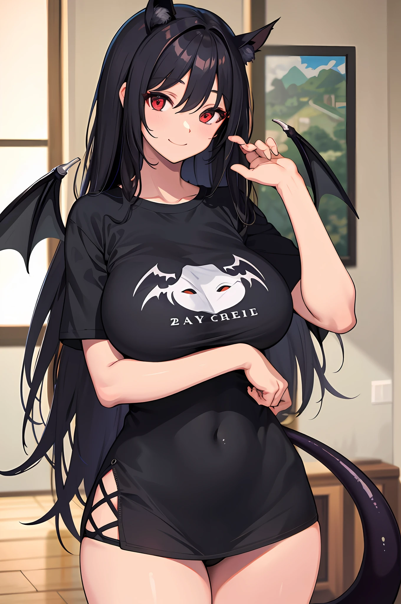 masterpiece, best quality, high_resolution, fine details, very detailed and beautiful, distinct_image, curvy,1 girl, solo, black hair,smile red eyes, succubus tail, (huge), (),indoor,t-shirt,