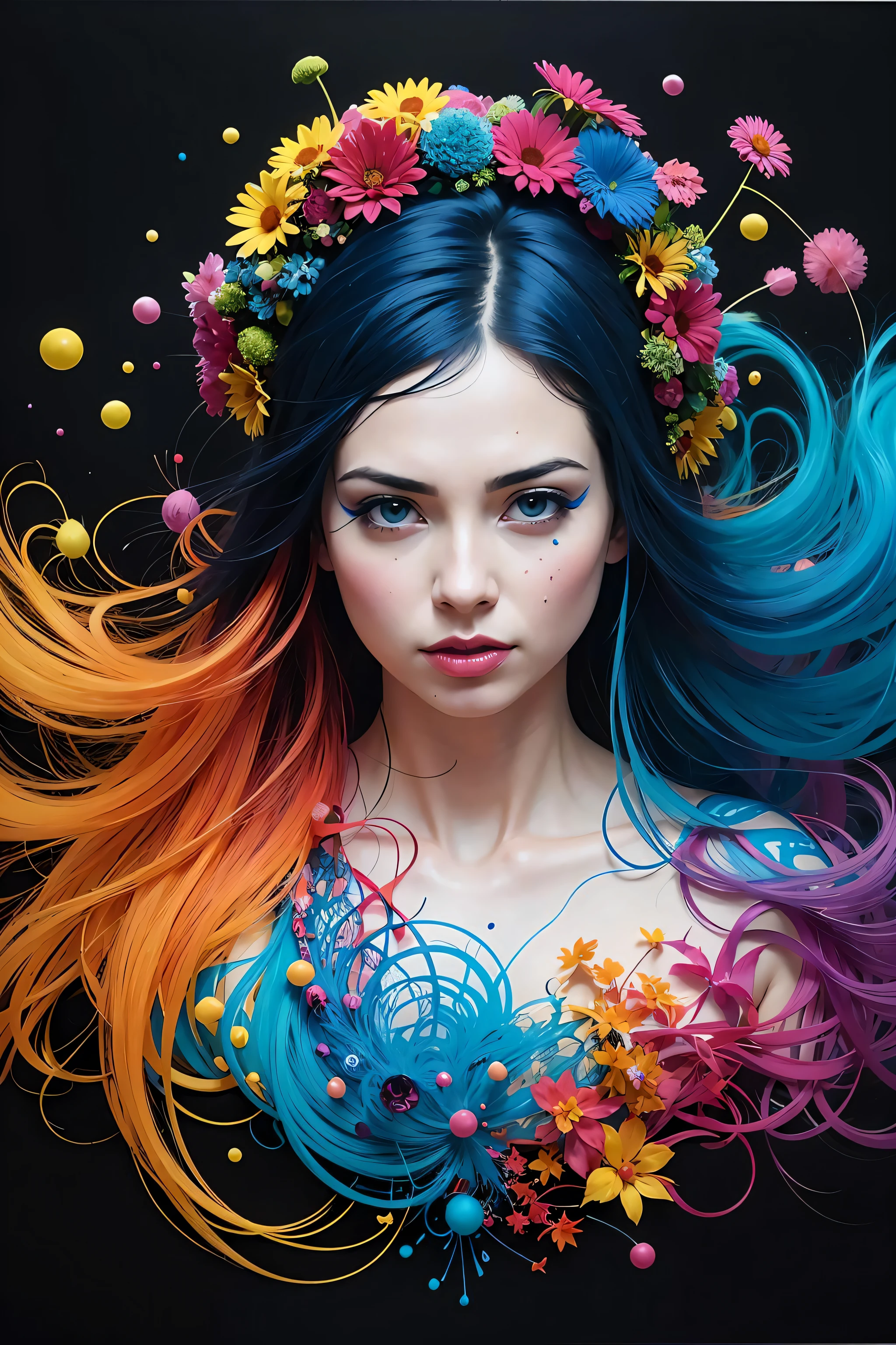 a woman with blue hair wearing a colorful outfit and a colorful background with paint splatters on it, by Hirohiko Araki,official art, unity 8k wallpaper, ultra detailed, beautiful and aesthetic, masterpiece, best quality, (zentangle, mandala, tangle, entangle), 1girl, extremely detailed, dynamic angle, cowboyshot, the most beautiful form of chaos, elegant, a brutalist designed, vivid colours, romanticism, by james jean, roby dwi antono, ross tran, francis bacon, michal mraz, adrian ghenie, petra cortright, gerhard richter, takato yamamoto, ashley wood, atmospheric, ecstasy of musical notes, streaming musical notes visible
