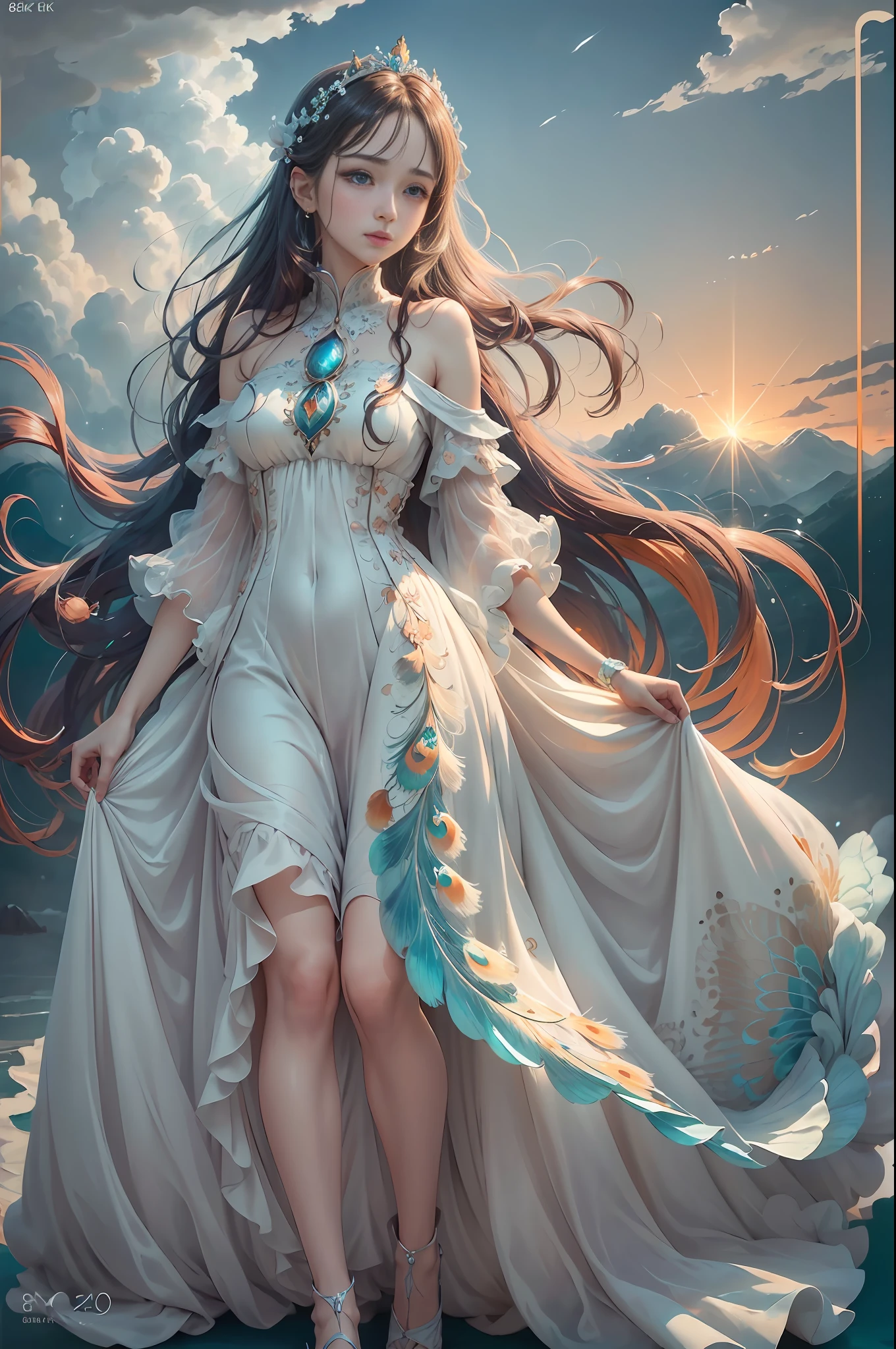 (8k, RAW photo, photorealistic:1.4) ,( lip gloss, eyelashes, glossy side, shiny skin, best quality, super high resolution, depth of field, chromatic aberration, caustics, special light, natural shadow, crown, kpop idol), light pink and sky blue style, (real: 1.2), 1girl, (orange sky: 1.5), (top-down: 1.2), tall and thin beauty goddess, flowing dress, conservative girl, cloud goddess, Flowing white fabric, dressed in a flowing dress, (background with blue sky and white clouds: 1.4), (wind: 1.5), (full body: 1.5), nhjy, a white dress with a peacock on it
