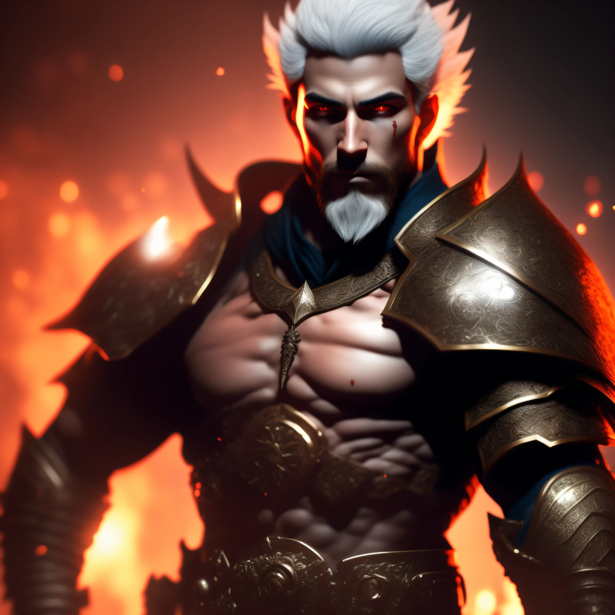 man with short beard, white hair, muscle body, full body, epic D&D rpg portrait, male fantasy portrait, rpg portrait concept art, male warrior, fantasy concept art portrait, epic portrait illustration, detailed character portrait, a human warrior, large black armor with red details, blue eyes, short hair, brown hair,  dungeons and dragons character, detailed hands, cover, holding a sword, sword, shirtless, scar on back eye of dreamlike art in blood, insane details, intricate details, hyperdetailed, cinematic lighting, Unreal Engine 5, Cinematic, Color Grading, Editorial Photography, Photography, Photoshoot, Shot on 78mm lens, Depth of Field, D0F, Tilt Blur, Shutter Speed 1/1000, F/22, White Balance,  32k, Super-Resolution, Megapixel, ProPhoto RGB, VR, High, Epic, Artgerm, Alex Ross, Halfrear Lighting, Backlight, Natural Lighting, Incandescent, Fiber Optics, Moody Lighting, Cinematic Lighting, Studio Lighting, Soft Lighting, Volumetric, Contre-Jour, Dark Lighting, Accent Lighting, Global Lighting, Global Screen Space Lighting, Global Ray Tracing Lighting, Red Rim Light, Fresh Color Gradation 45%,  Optical, Scattering, Bright, Shadows, Harsh, Sparkling, Ray Tracing Reflections, Lumen Reflections, Screen Space Reflections, Diffraction Rating, Chromatic Aberration, GB Shift, Scan Lines, Ray Traced, Ray Tracing Ambient Occlusion, Anti-Aliasing, FKAA, TXAA, RTX, SSAO, Shaders, OpenGL-Shaders, GLSL-Shaders, Post-Processing, Post-Production, Cel Shading, Tone Mapping, CGI, VFX, SFX, insanely detailed and intricate,  hypermaximalist, elegant, hyper realistic, super detailed, dynamic pose, centered, photography