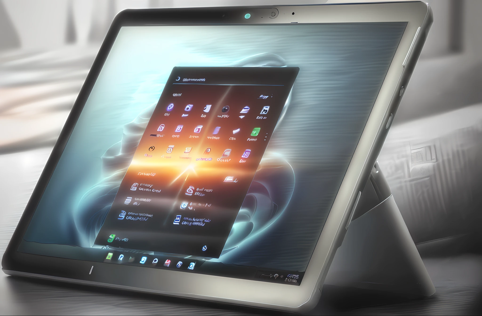 a close up of a tablet computer with a screen on it, full device, wide screenshot, even surface, surface, front side full, a computer rendering, contest winning masterpiece, pc screen image, ƒ/5.0, front side views full, side angle, very stylized, very high resolution, screensaver, large screen, front angle