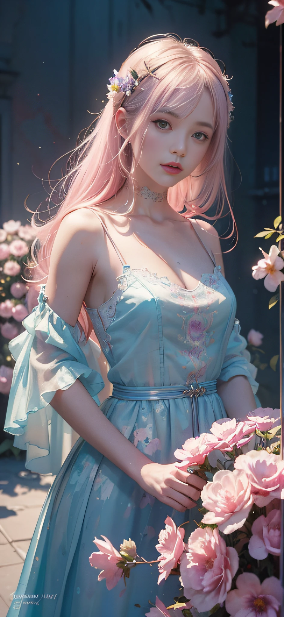 add_detail:2,1girl,detailed face,princess,taoist),flower, Lisianthus ,in the style of light pink and light azure, dreamy and romantic compositions, pale pink, ethereal foliage, playful arrangements,fantasy, high contrast, ink strokes, explosions, over exposure, purple and red tone impression , abstract, ((watercolor painting by John Berkey and Jeremy Mann )) brush strokes, negative space