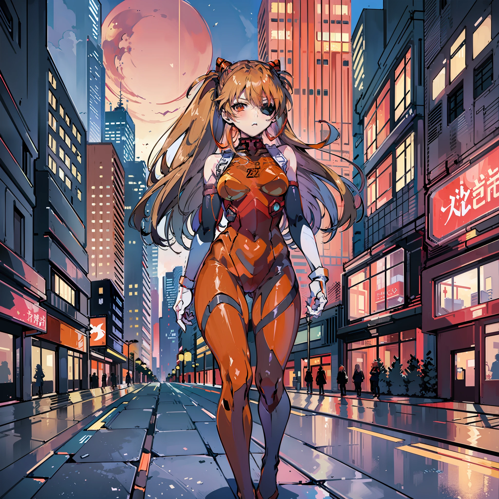 ((masterpiece,best quality, detailed)), full body, night, cityscape, souryuu asuka langley, interface headset, multicolored bodysuit, eyepatch