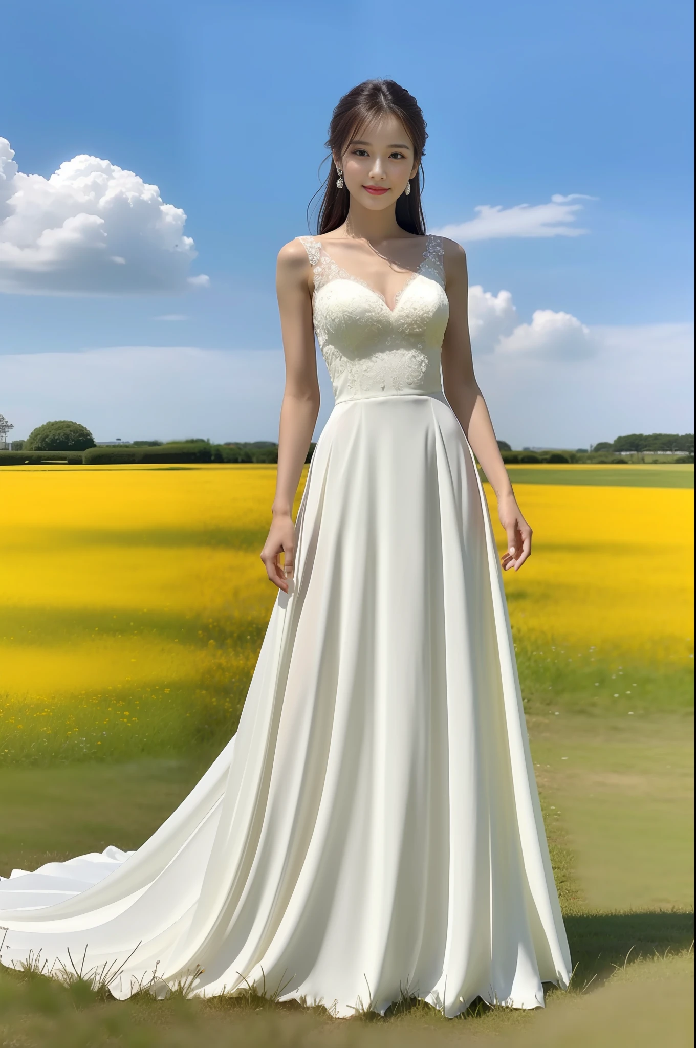 (Best Quality, 8k, 32k, Masterpiece, UHD: 1.2, Ray Tracing: 1.2, Real: 1.2), 1girl, wearing white dress, full-length view, tall skinny beauty, flowing dress, stunning elegant pose, long and elegant, thin waist, elegant, half turn, long skirt, blue sky, white clouds, grass, small flowers