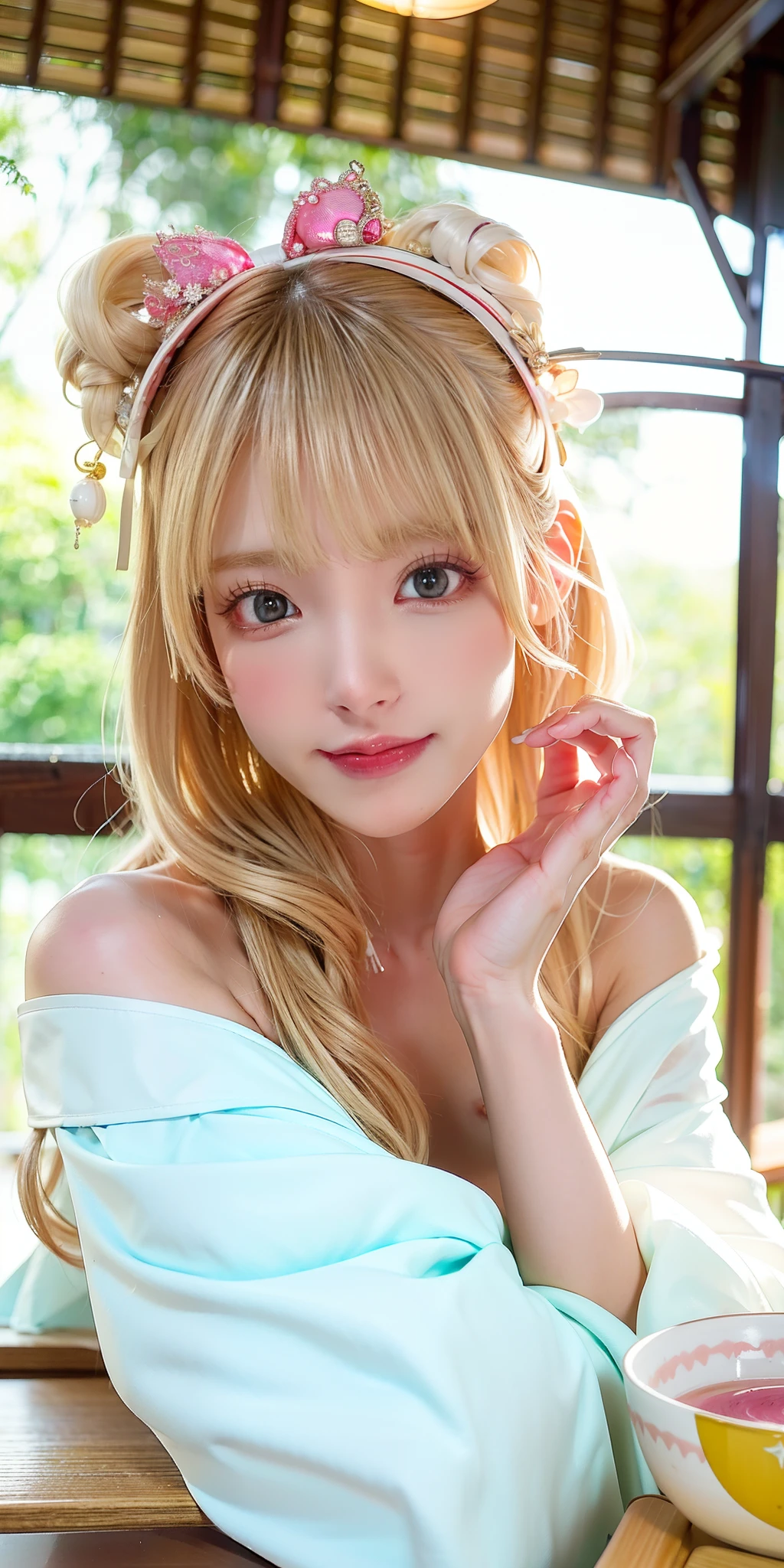 (8k, 4k, best quality, highres:1.2), (maasterpiece, realistic, photo realistic:1.37), 1girl, solo, beautiful face, eyelashes, nose, glossy lips, (detailed eyes, looking at viewer, fair skin, white skin:1.5), fine complexion, upper body,
large breasts, busty,, (nude:1.5),
outdoor onsen,
two side up, absurdly long hair, blonde hair, pink hair, bangs, hair ornament, bow,
younger, aged down,