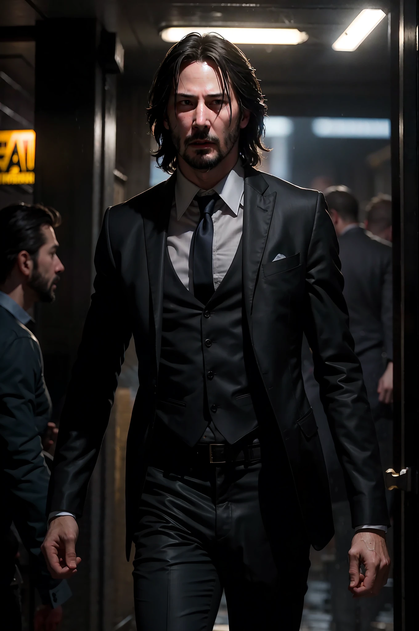 Masterpiece, Keanu Reeves, Extremely High Detail, (Best Quality: 1.2), Absurd, Photorealistic, Realistic, Hyper-detailed, Ray Tracing, High Resolution, Sharp Focus, 8K, Vibrant, Intricate, Sharpness and Clarity, Realistic, hyper_realism, 1man, 1girl, Gentleman,, Man lifting a in his arms, Getting out of the atmosphere of an explosion, A man with long hair on his shoulders, A woman barefoot, Holding hands, Huge explosion, The explosion of the entire structure of the building, the dirty face, the beard, the torn gentleman's suit, the dirty gray shirt, the black tie, the movie hero John Wick, the explosion, the wreckage, the night, the rain, the rain, the wet ground