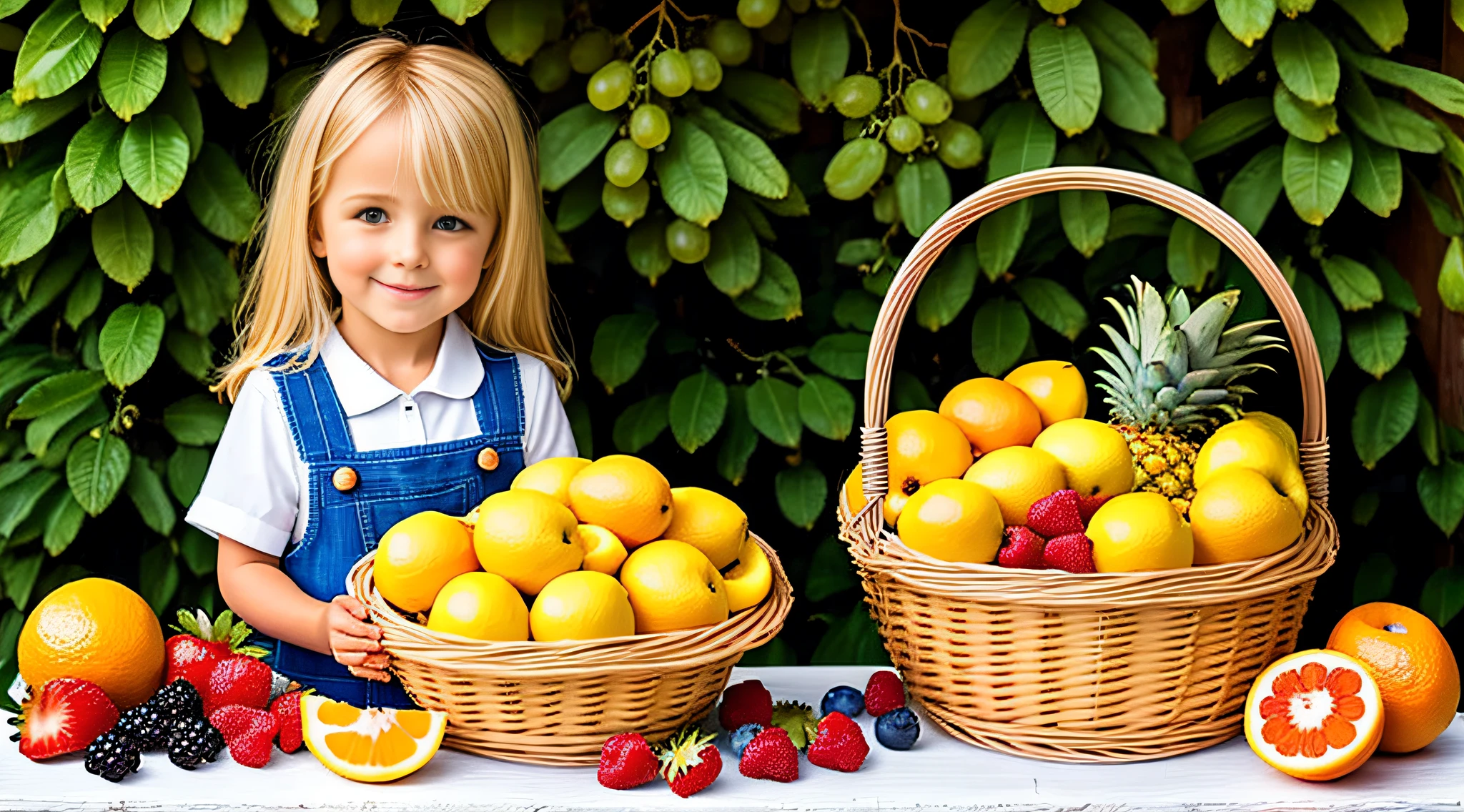 there is a BLONDE CHILD WITH BIG STRAIGHT HAIR, holding, a fruit basket with a pineapple, a fruit basket, fruit in a basket, fruit basket, fruit, fresh fruit, 2995599206, 3156350975, yolks and diamond for fruits, fruit bowl, fruits and flowers, (a bowl of fruits)!!!!!!!