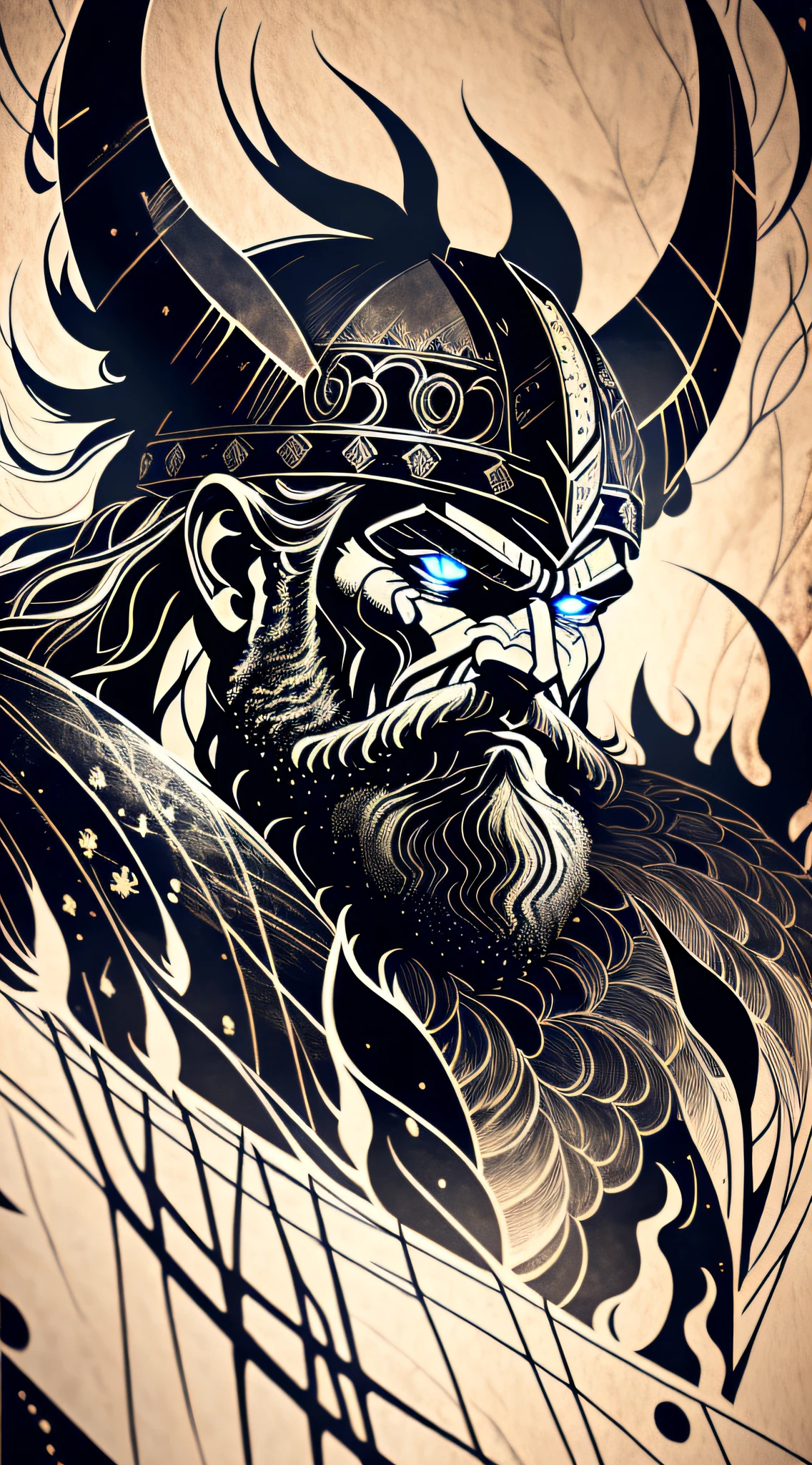 A close-up view of a fierce Viking warrior standing tall, his eyes glowing with an otherworldly light. He wears a horned helmet and sports a wild beard. His face is contorted in anger, revealing a glimpse of his battle-hardened nature. The image captures every intricate detail of his weathered skin and the intense fire burning within him. The background is shrouded in darkness, with swirling inky wisps encircling the warrior, symbolizing the mystical powers that surround him. The scene exudes a mythic aura, evoking the ancient tales of valor and conquest. Photography, telephoto lens (200mm)