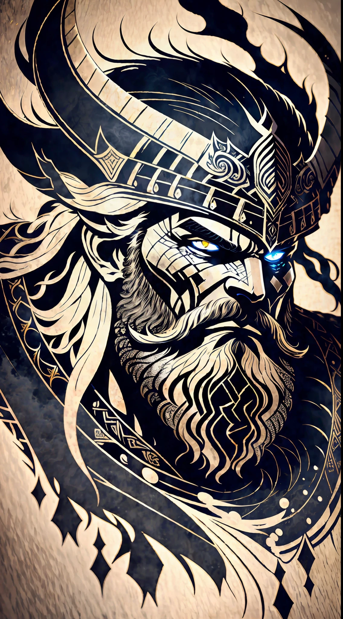 An intense close-up of a Viking warrior with piercing, glowing eyes, surrounded by an inky darkness. His horned helmet gives him an imposing silhouette, while his wild, flowing beard adds a touch of ruggedness. The warrior's face bears an expression of deep anger, a testament to his ferocity in battle. The backdrop is filled with swirling tendrils of inky blackness, reminiscent of ancient mythological forces. The atmosphere is tense, hinting at the mythical powers that surround the warrior. The image combines high detail and an artistic touch, creating a captivating visual experience. Artwork, ink on parchment
