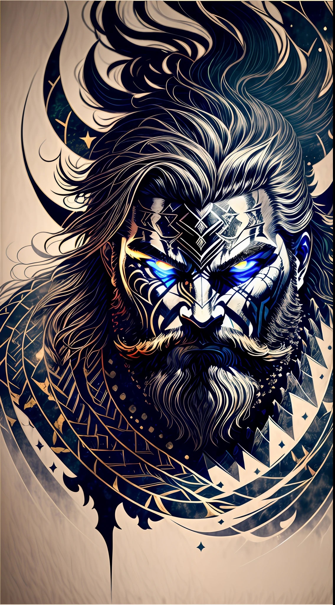 An intense close-up of a Viking warrior with piercing, glowing eyes, surrounded by an inky darkness. His horned helmet gives him an imposing silhouette, while his wild, flowing beard adds a touch of ruggedness. The warrior's face bears an expression of deep anger, a testament to his ferocity in battle. The backdrop is filled with swirling tendrils of inky blackness, reminiscent of ancient mythological forces. The atmosphere is tense, hinting at the mythical powers that surround the warrior. The image combines high detail and an artistic touch, creating a captivating visual experience. Artwork, ink on parchment