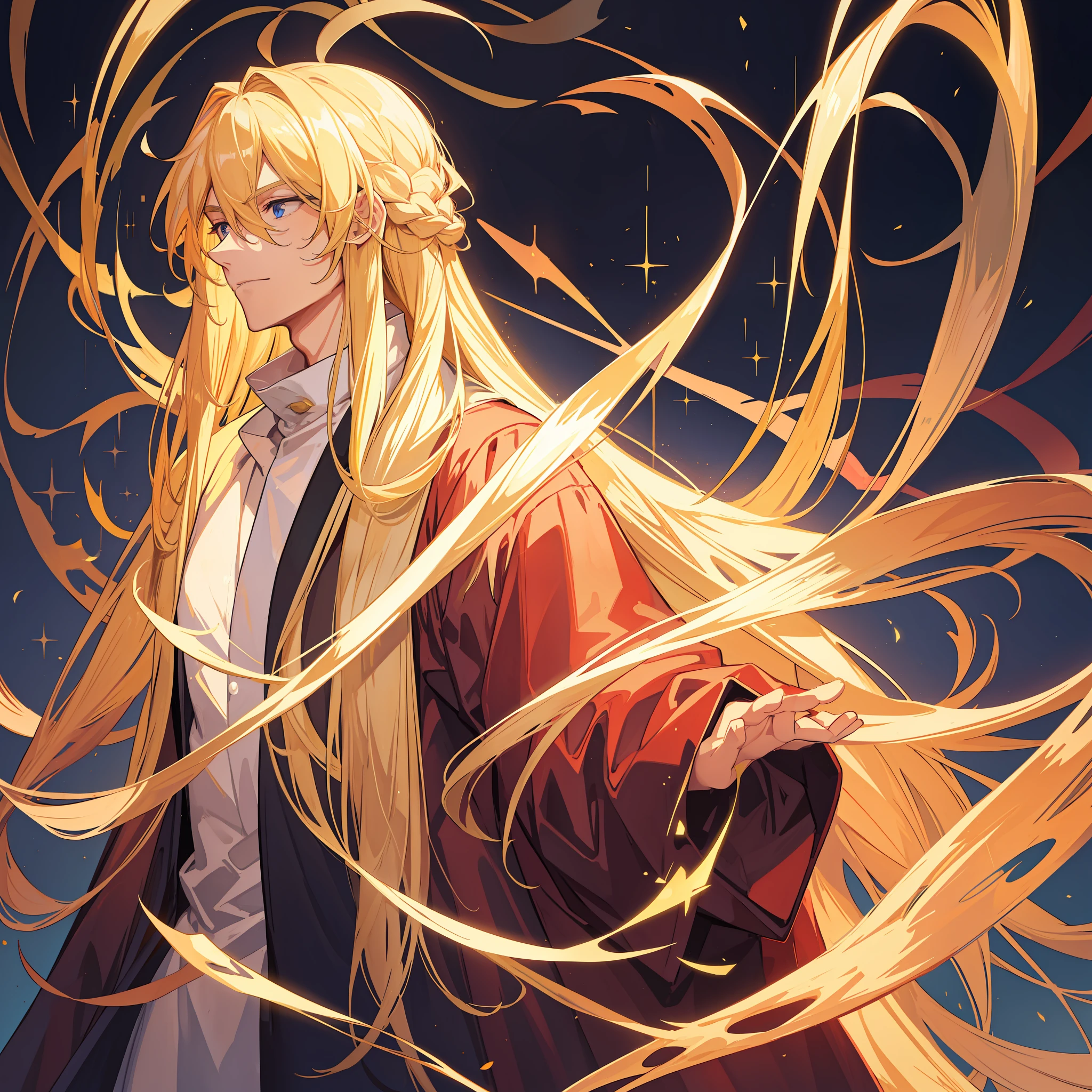 A handsome man with long blond hair, wearing a light robe