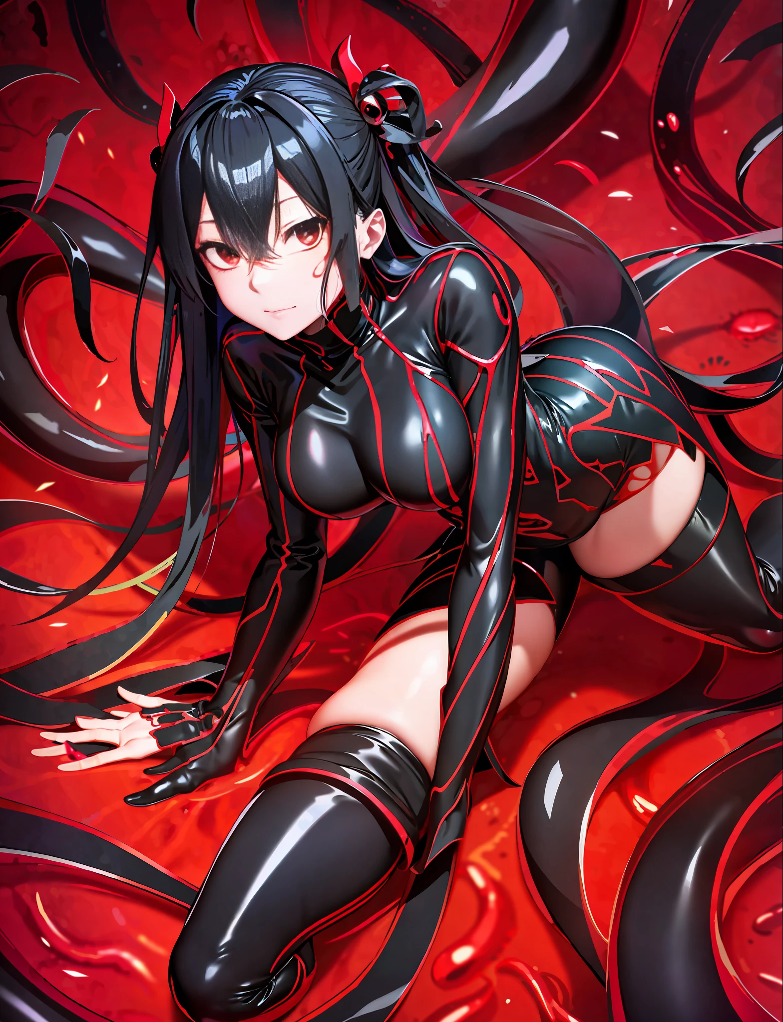 anime girl in black and red outfit laying on a red bed, tensei shitara slime datta ken, fine details. anime. tentacles, black shiny armor, obsidian slime, wrapped in black tentacles, covered with tentacles, covered in red slime, extremely detailed artgerm, noire, gapmoe yandere grimdark