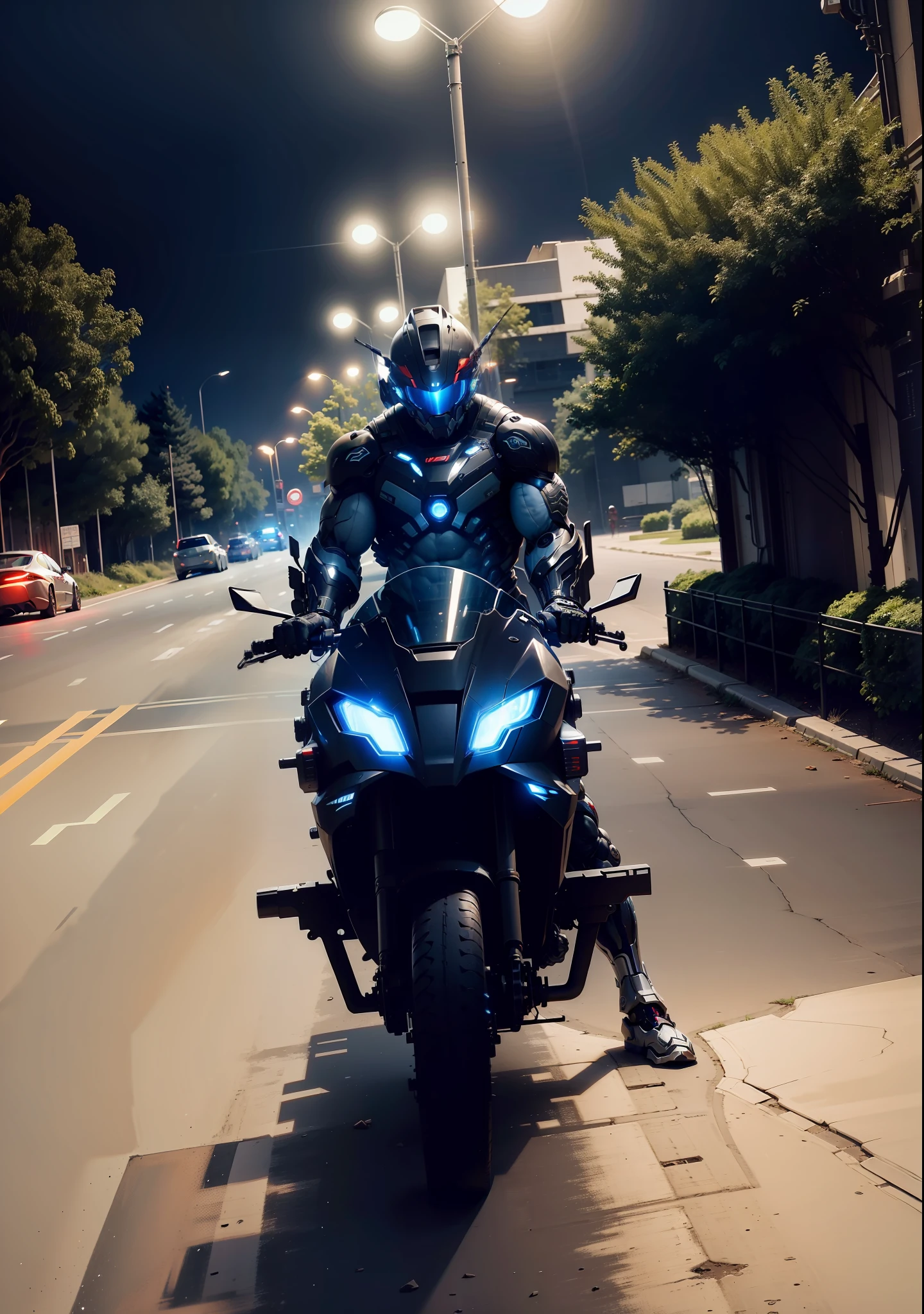 Cyber Muscle Man Warrior and Cyber Tech Mechanical Motorcycle Wearing Mecha Suit Helmet, Nousr, Biomechanics, MSHN Robot Man, Cyber Tech Full Surround Helmet, Surreal, Steel, Intricate Design, Crazy Details, Fine Details, Extremely Clear Lines, Cinematic Lighting, Photo Realistic, Detailed Masterpiece