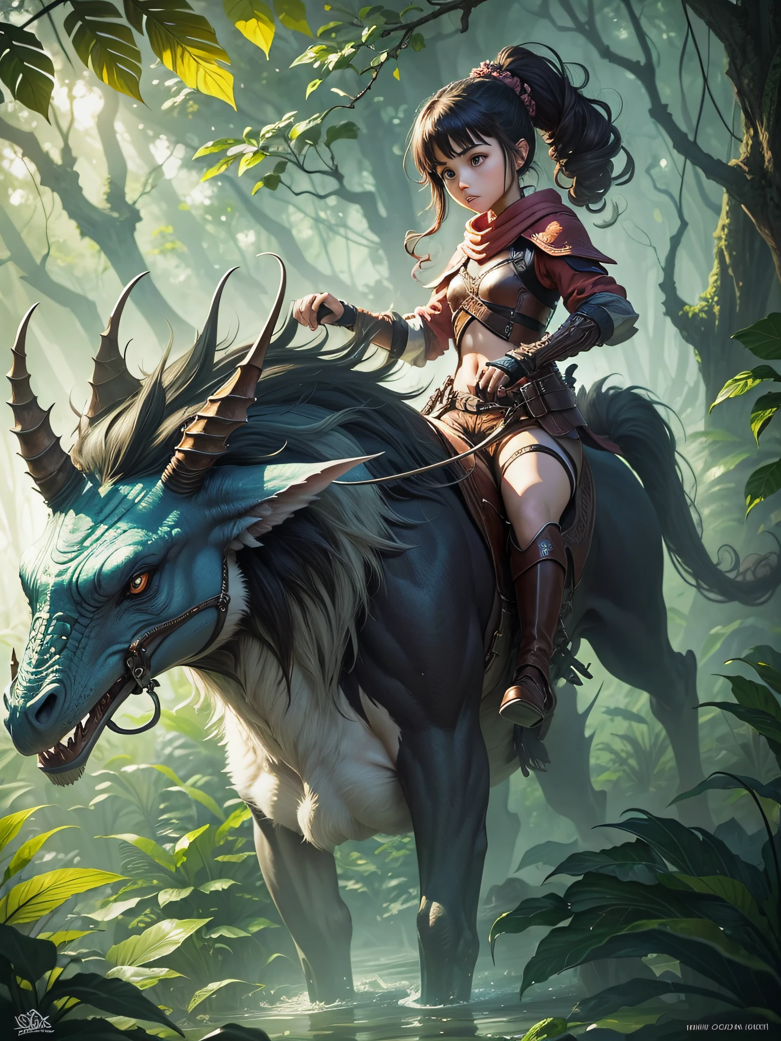 a girl riding on a creature from underworld, in a jungle