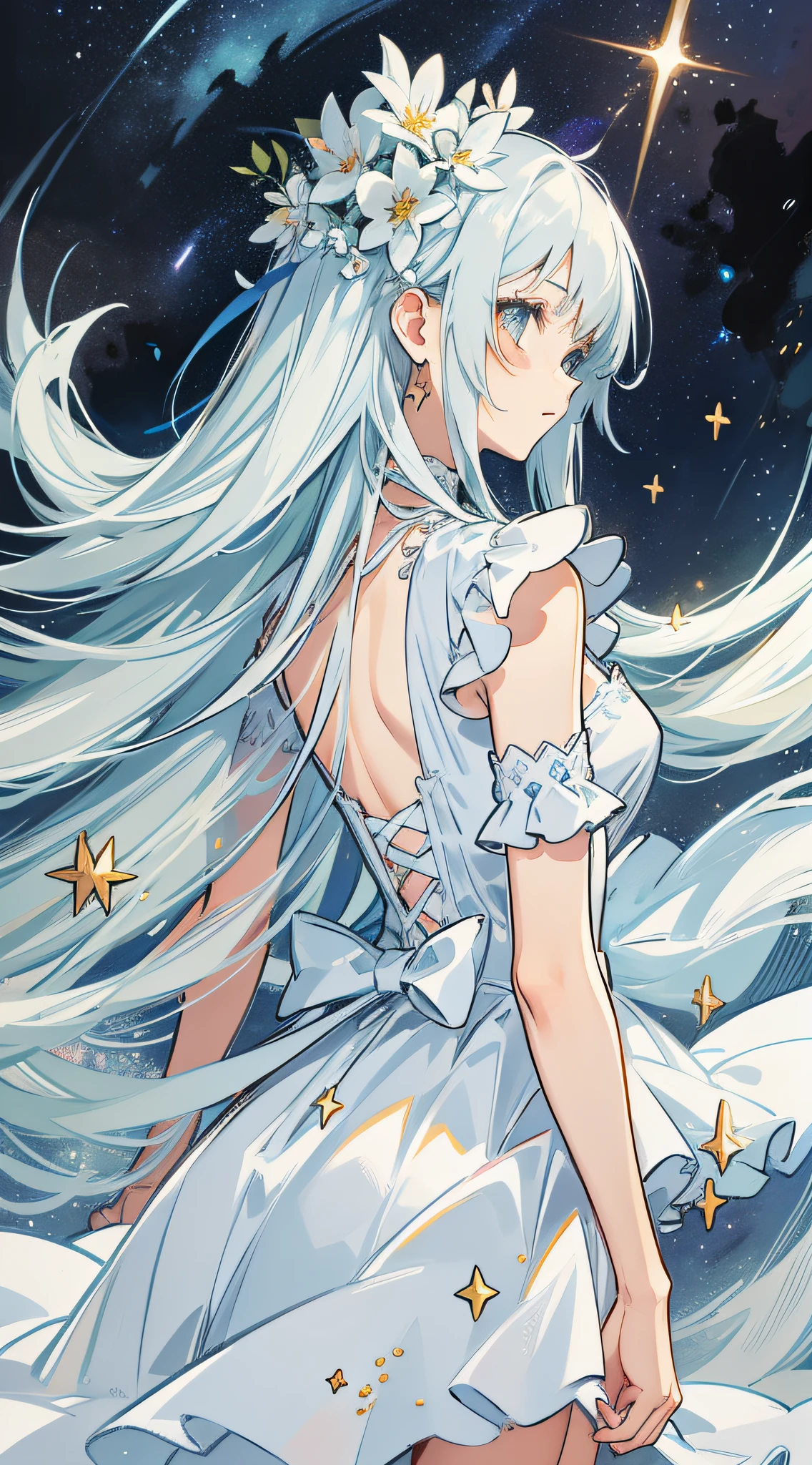 Under the stars, shooting stars, girl standing, back, small river reflecting the starry sky, girl long hair, white dress, hair flying, delicate, night