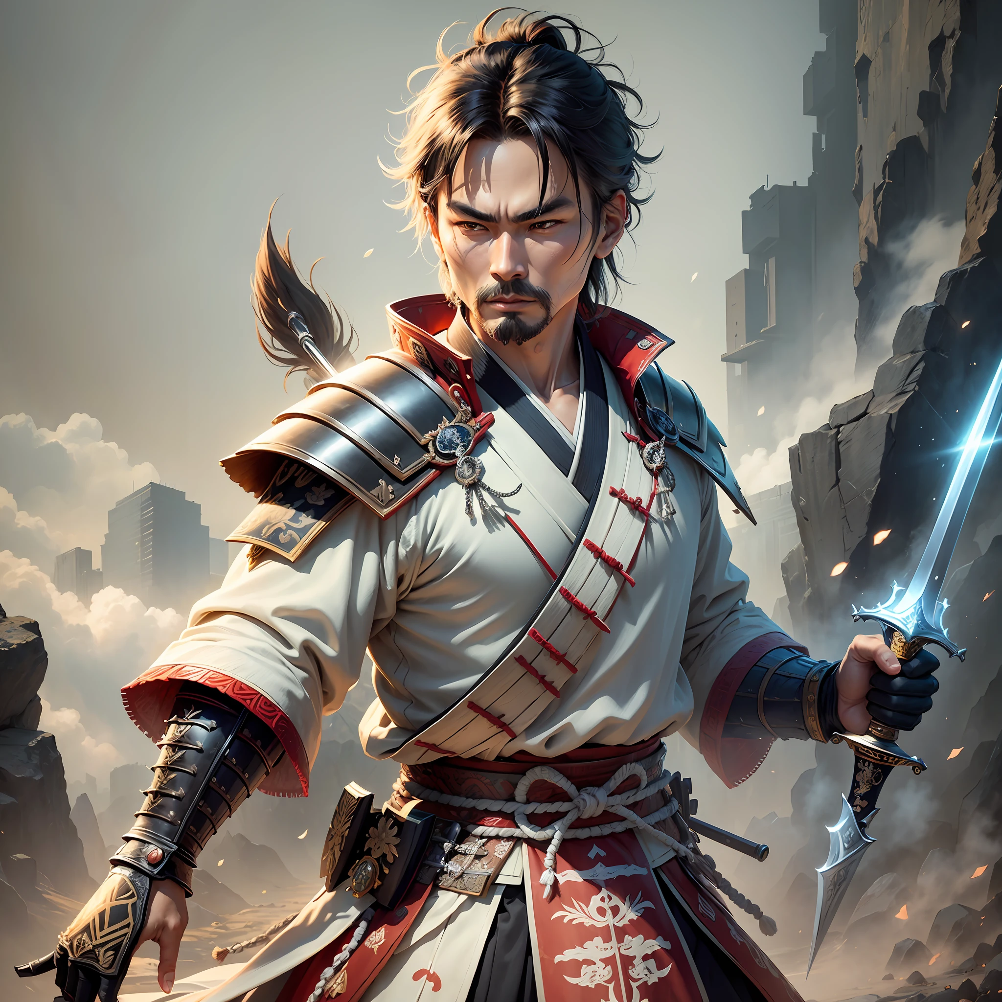 (masterpiece, best quality, ultra-detailed CG), high-quality and detailed Japanese samurai with a sword in his hands, bright lighting, dynamic pose, beautiful outfits and accessories, spectacular shadows and light, impressive textures and details. --auto --s2