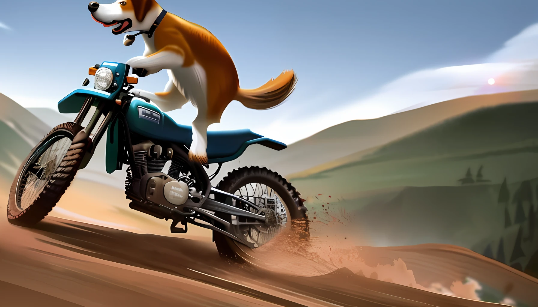 Beagles riding off-road motorcycles,
Running in the wilderness, photography, high image quality,