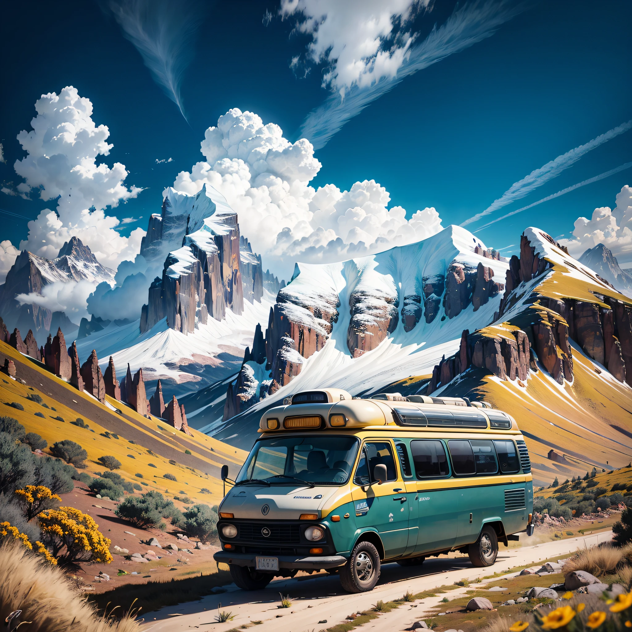 The yellow and white Kombi advanced through the Cordillera de los Anjos, following the winding paths that stretched across the mountainous landscape. All around, the mountains rose majestic, with their snowy summits that stood out against the blue sky. The vegetation was lush, with leafy trees and an abundance of wildflowers. The Kombi was a picturesque figure on the scene, with its yellow and white body and a large sticker that read "The Adventure Begins" taped to the rear window. On the side, there was a sign that read "Wanderlust," reinforcing the spirit of adventure that propelled its occupants. The wind blew hard, shaking the curtains that covered the windows of the Kombi and inciting the imagination of those who saw the scene, inviting them to join the travelers on the epic journey through the Cordillera de los Anjos. --auto --s2