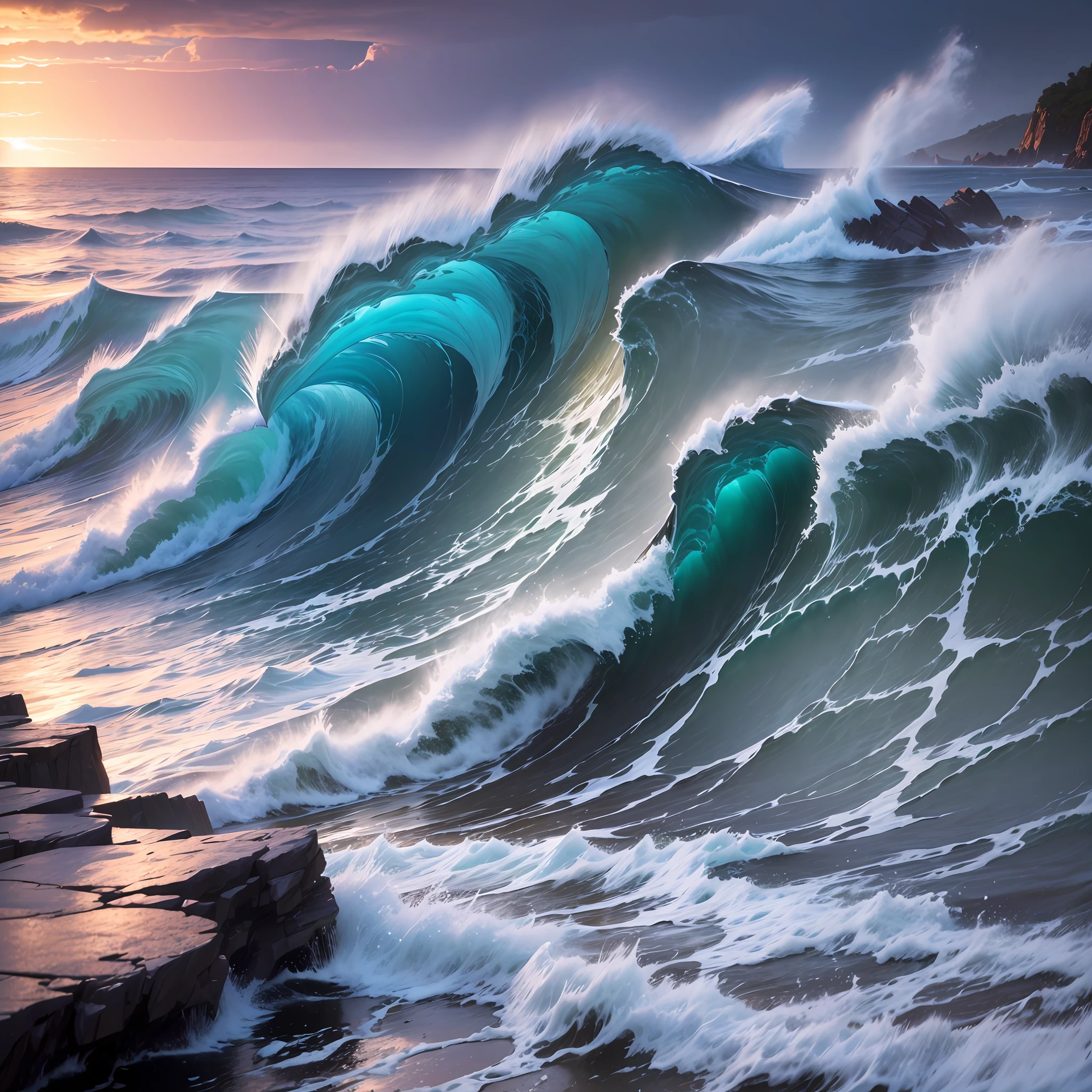 (high quality, full HD wallpaper):(waves crashing on rocks:1.2) in (twilight thunderstorm), (dynamic angle), (16:9 aspect ratio) --auto --s2