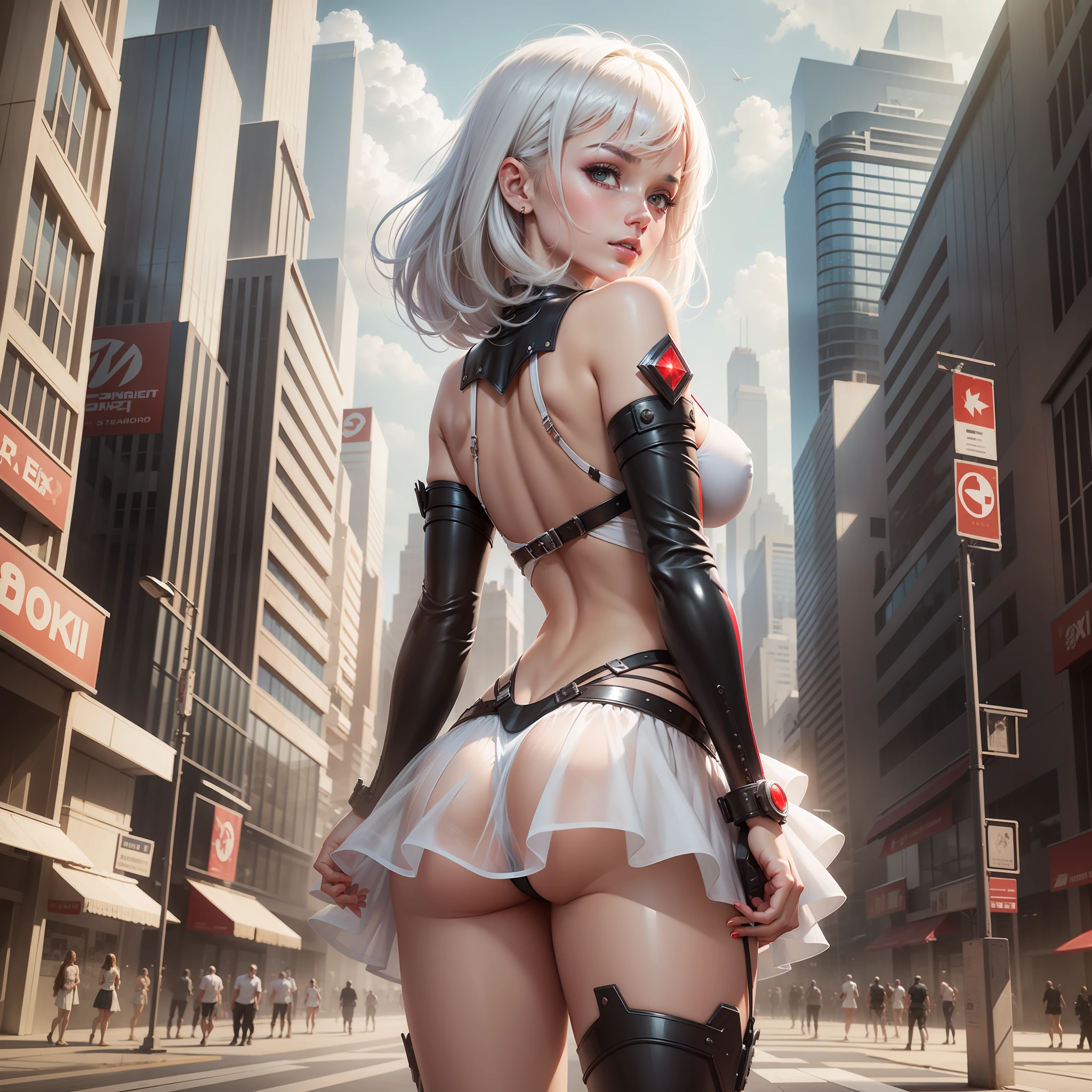 Concept art, sexy girl, white haircut, extreme details, t-pose, 3 frames, public hair, mini skirt, transparent red lingerie, back,