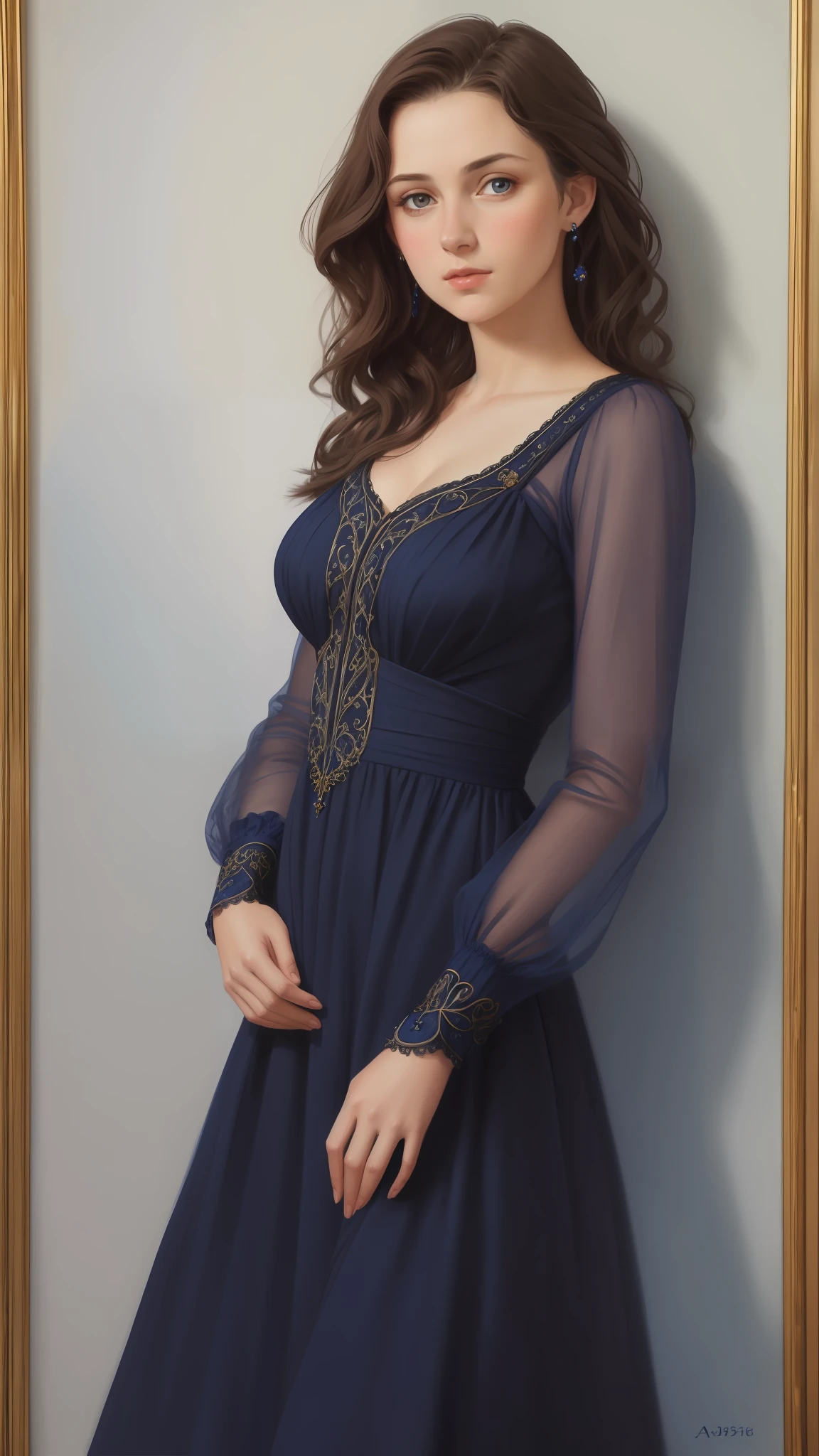 1girl, beautiful teenage girl, small breasts, revealing ornate navy blue dress, short wavy brown hair, portrait, oil painting, modern, realistic proportions, intricate, intricate details, sharp focus