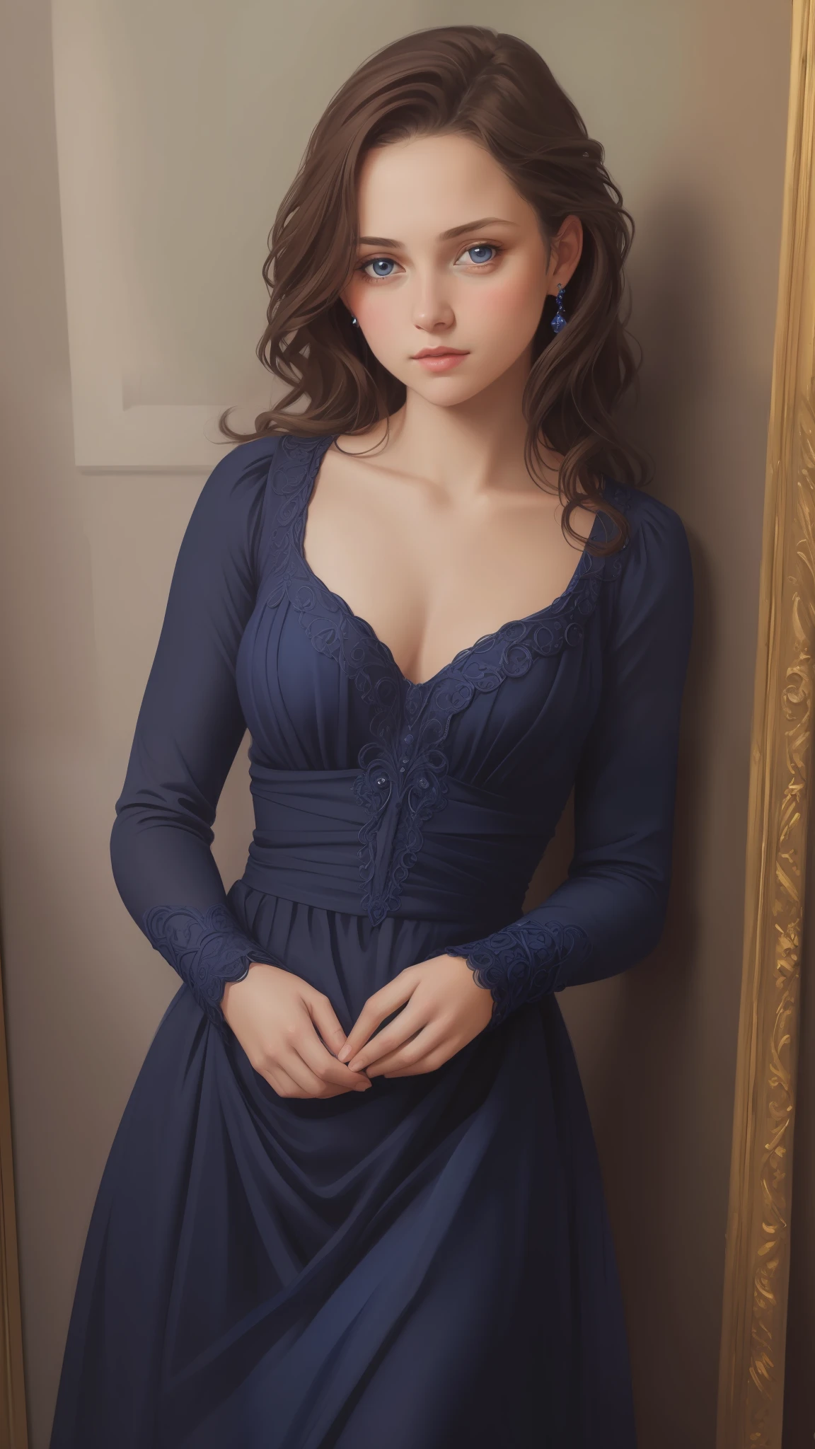 1girl, beautiful age girl, small breasts, revealing ornate navy blue dress, short wavy brown hair, portrait, oil painting, modern, realistic proportions, intricate, intricate details, sharp focus