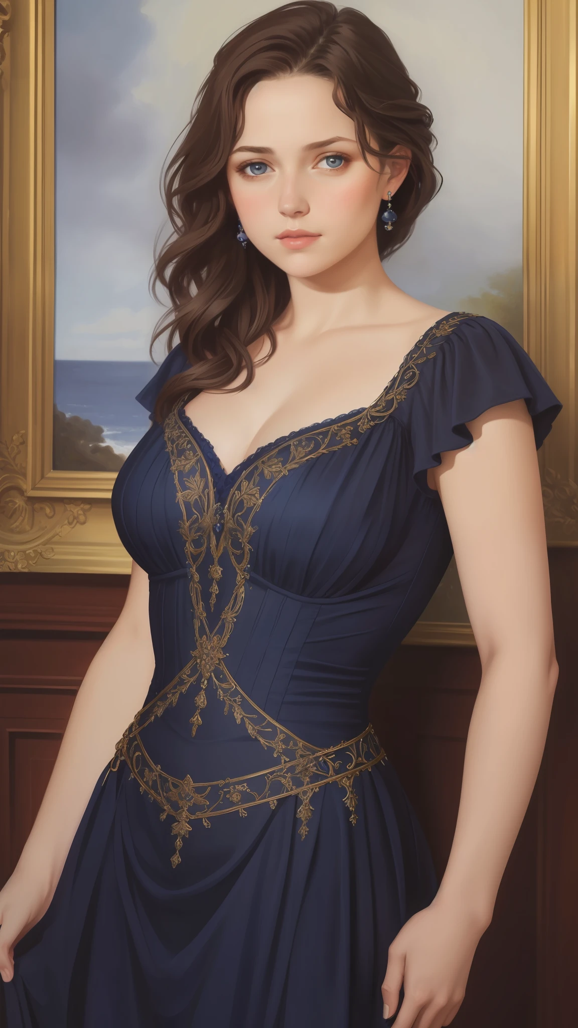 1girl, beautiful  girl, small breasts, revealing ornate navy blue dress, short wavy brown hair, portrait, oil painting, modern, realistic proportions, intricate, intricate details, sharp focus