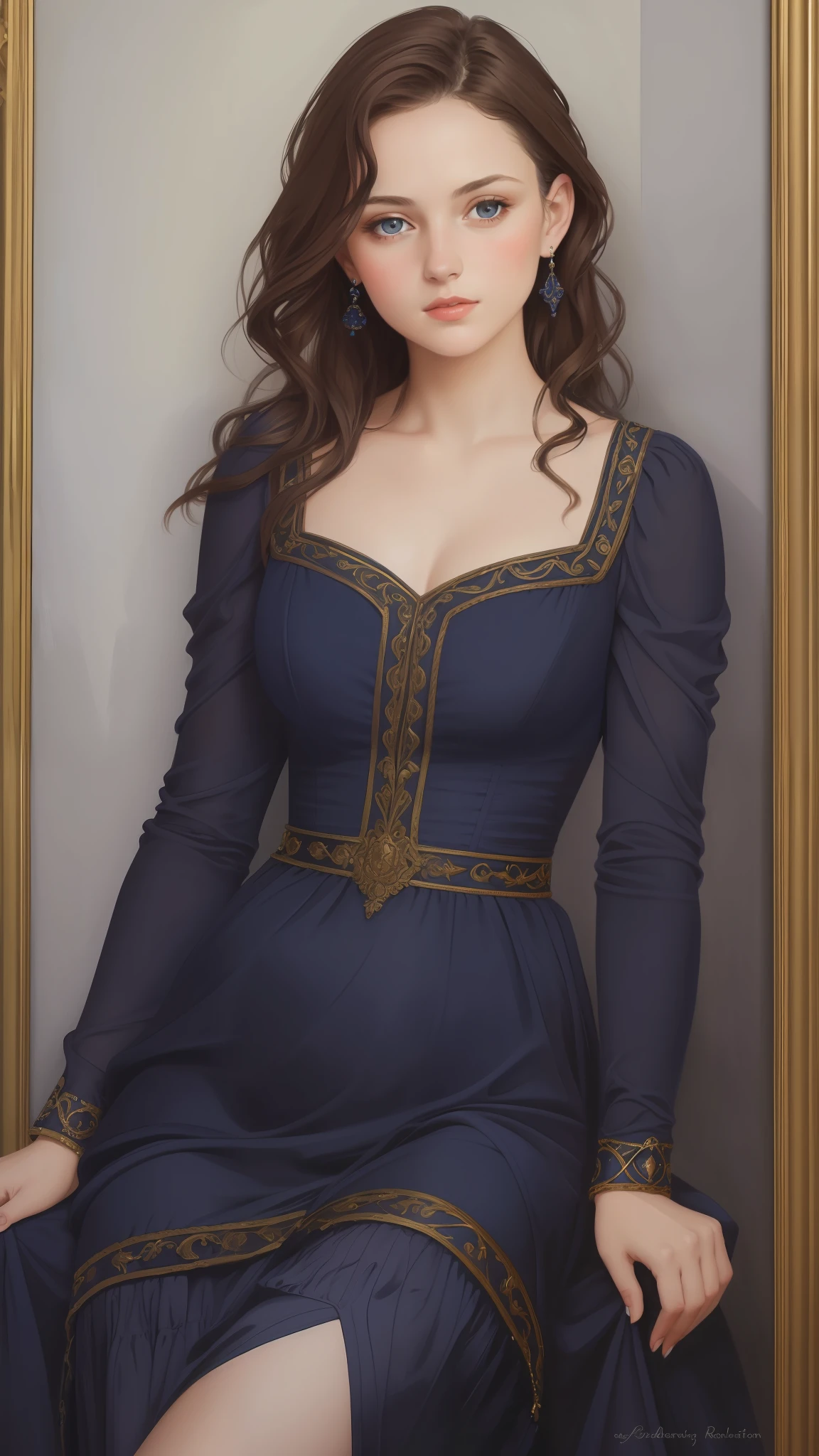 1girl, beautiful teenage girl, small breasts, revealing ornate navy blue dress, short wavy brown hair, portrait, oil painting, modern, realistic proportions, intricate, intricate details, sharp focus