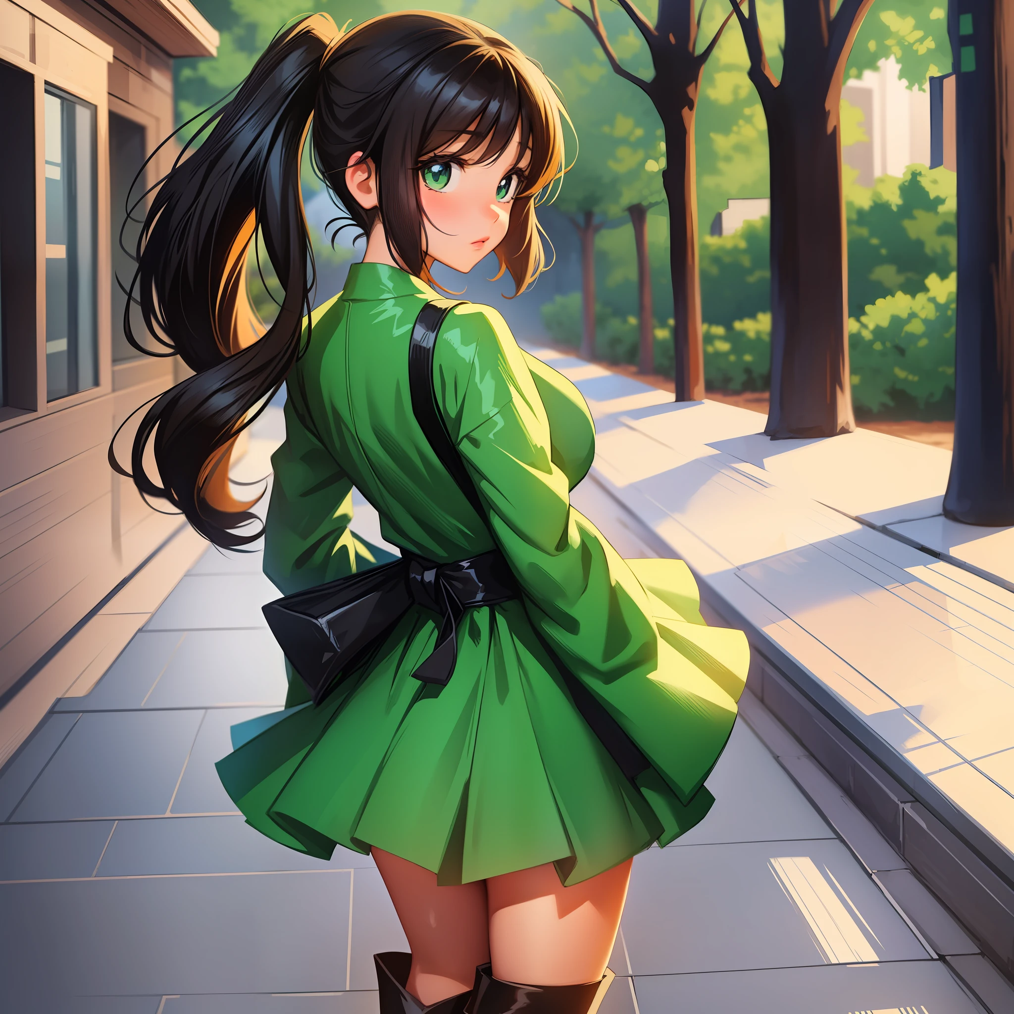 anime girl back wearing green dress and black boots, cute anime girl, young anime girl, beautiful anime girl back view stand, anime moe art style, anime visual of cute girl, beautiful anime girl, smooth anime CG art, beautiful anime girl, (anime girl), beautiful anime portrait, anime girl standing, anime girl with long hair, double ponytail, double ponytail, back, back, back, back, back, --auto --s2