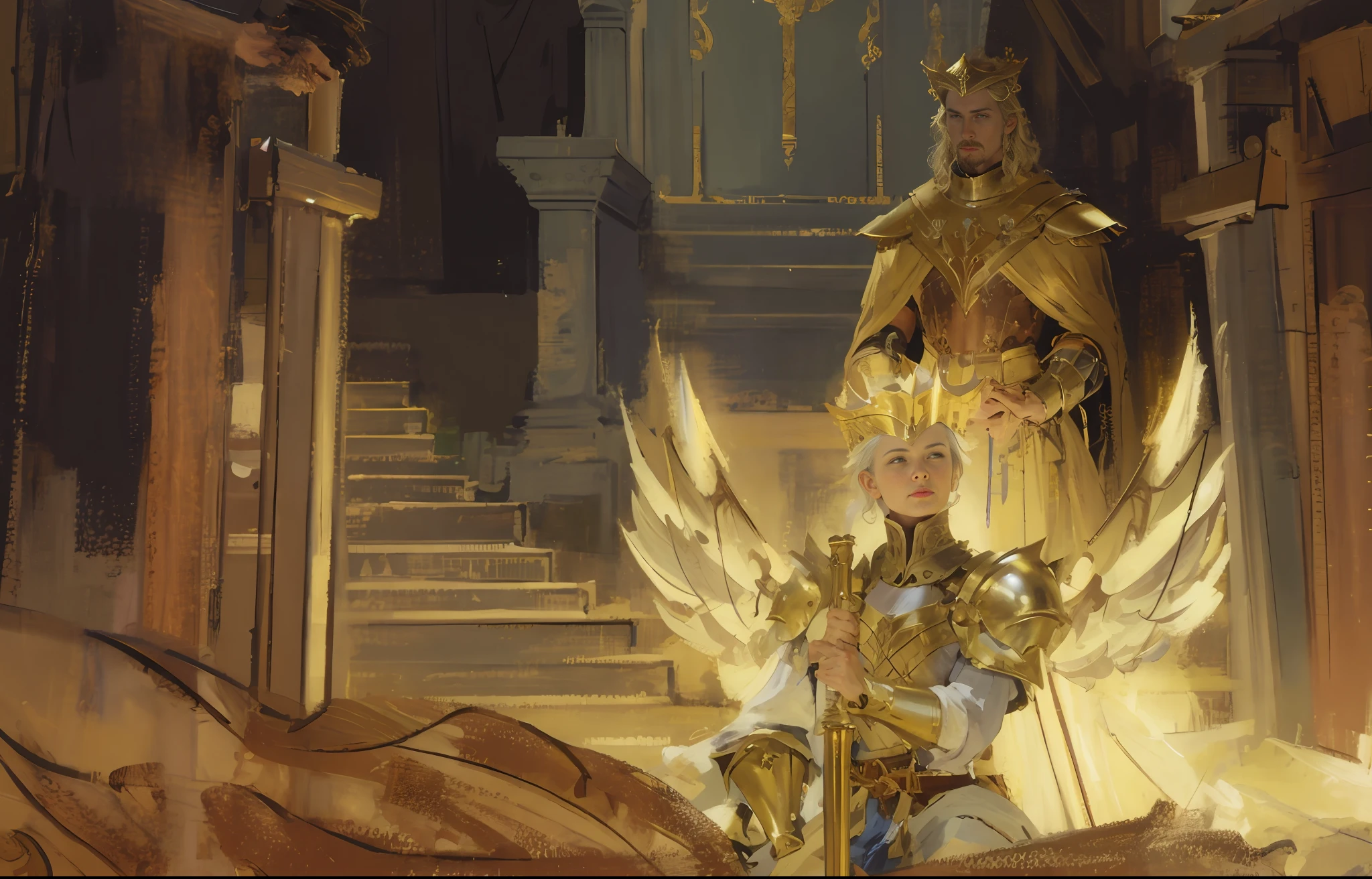Best quality, masterpiece, medieval royal palace scene of a man holding a sword, glowing wings, a divine woman standing behind him, Dark Souls art style, gilded throne, inspired by Leona Wood, medieval concept art, concept art of Diablo, Torchlight. Realistic scenes, Paladin, In the Throne Room, Dark Souls Inspiration, works by master painters. Detailed.