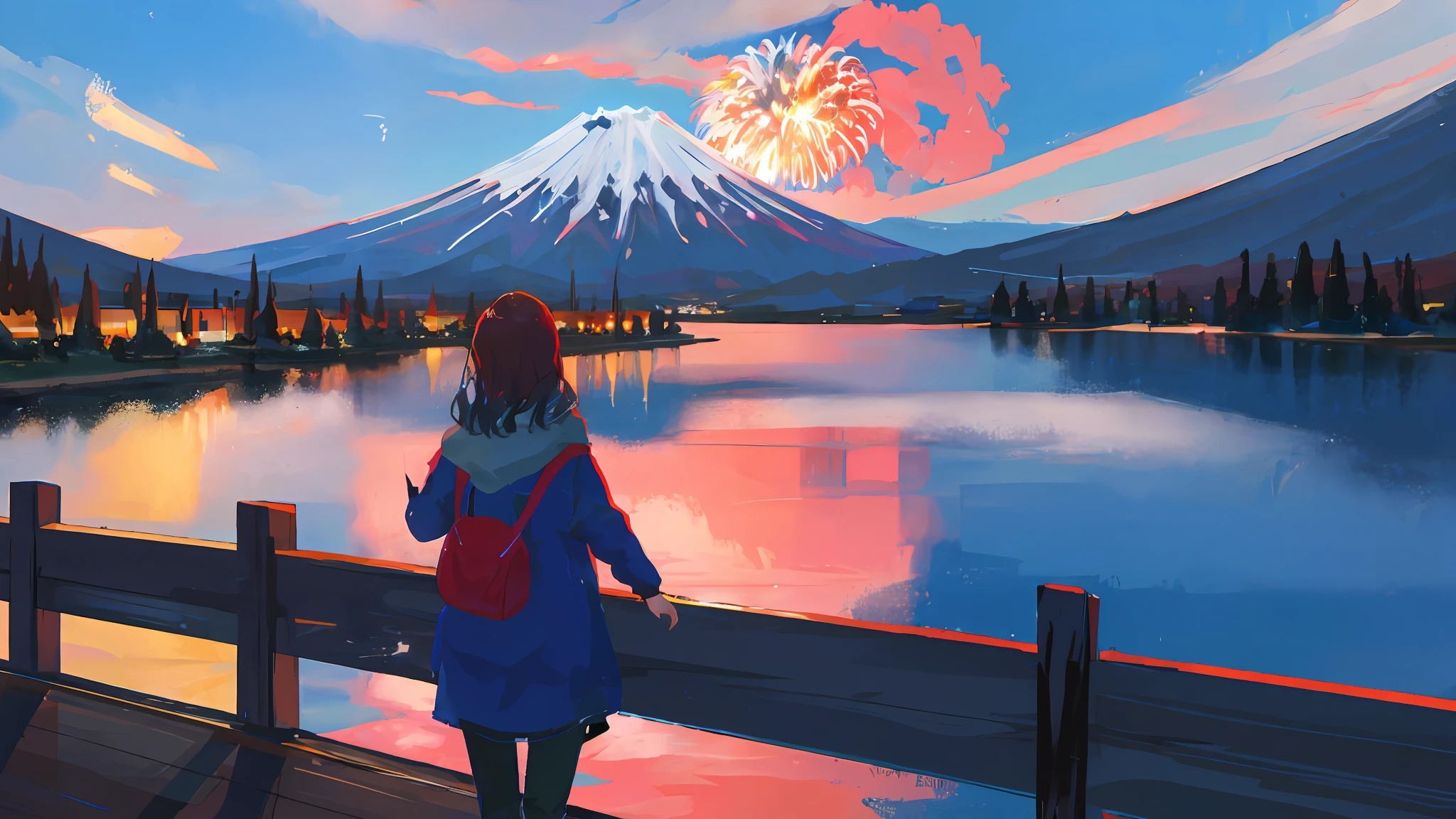 Mt. Fuji Lake Fireworks Reflection